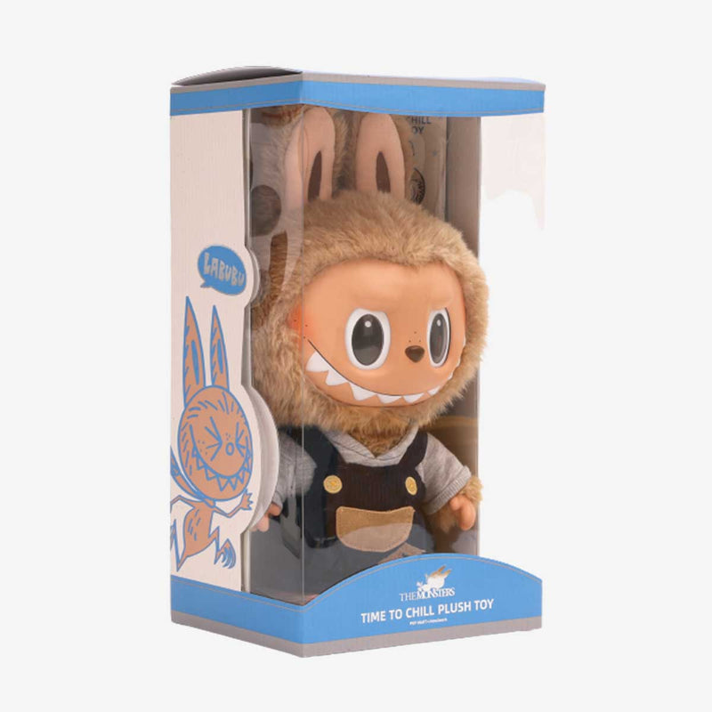 POP MART Labubu Time to Chill Vinyl Plush Doll, wearing furry bunny hat and corduroy overalls, sealed in original packaging