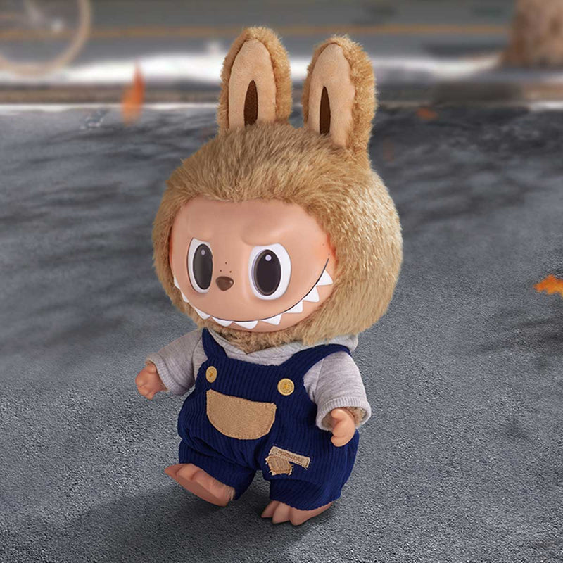 POP MART Labubu Time to Chill Vinyl Plush Doll, wearing furry bunny hat and corduroy overalls, sealed in original packaging