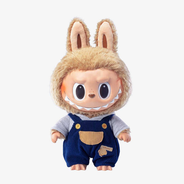 POP MART Labubu Time to Chill Vinyl Plush Doll, wearing furry bunny hat and corduroy overalls, sealed in original packaging