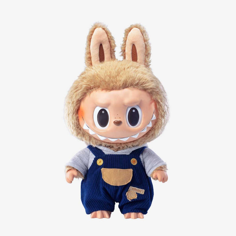 POP MART Labubu Time to Chill Vinyl Plush Doll, wearing furry bunny hat and corduroy overalls, sealed in original packaging
