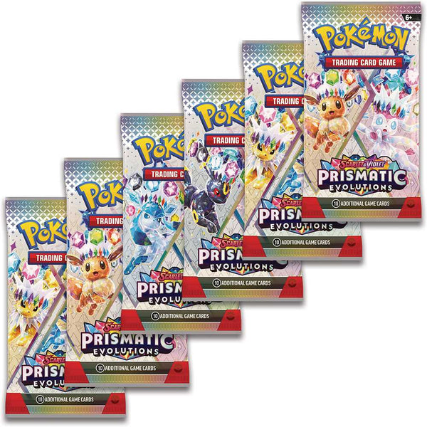 Prismatic Evolutions Booster Bundle Box – includes 6 Pokémon TCG booster packs featuring Eevee and evolutions from the Scarlet & Violet expansion