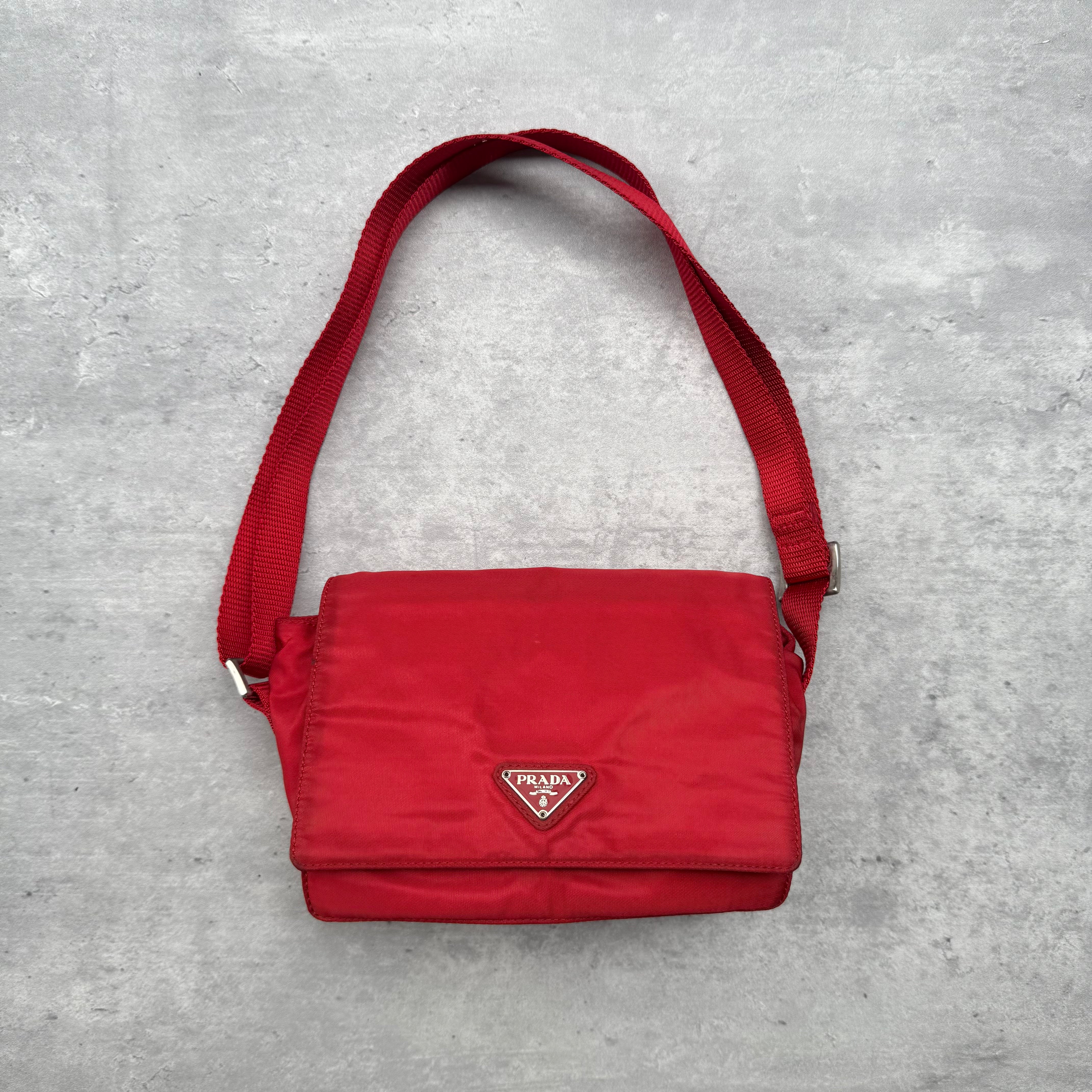 Prada Nylon Flap Messenger Shoulder Bag in red with silver-tone hardware and adjustable strap.