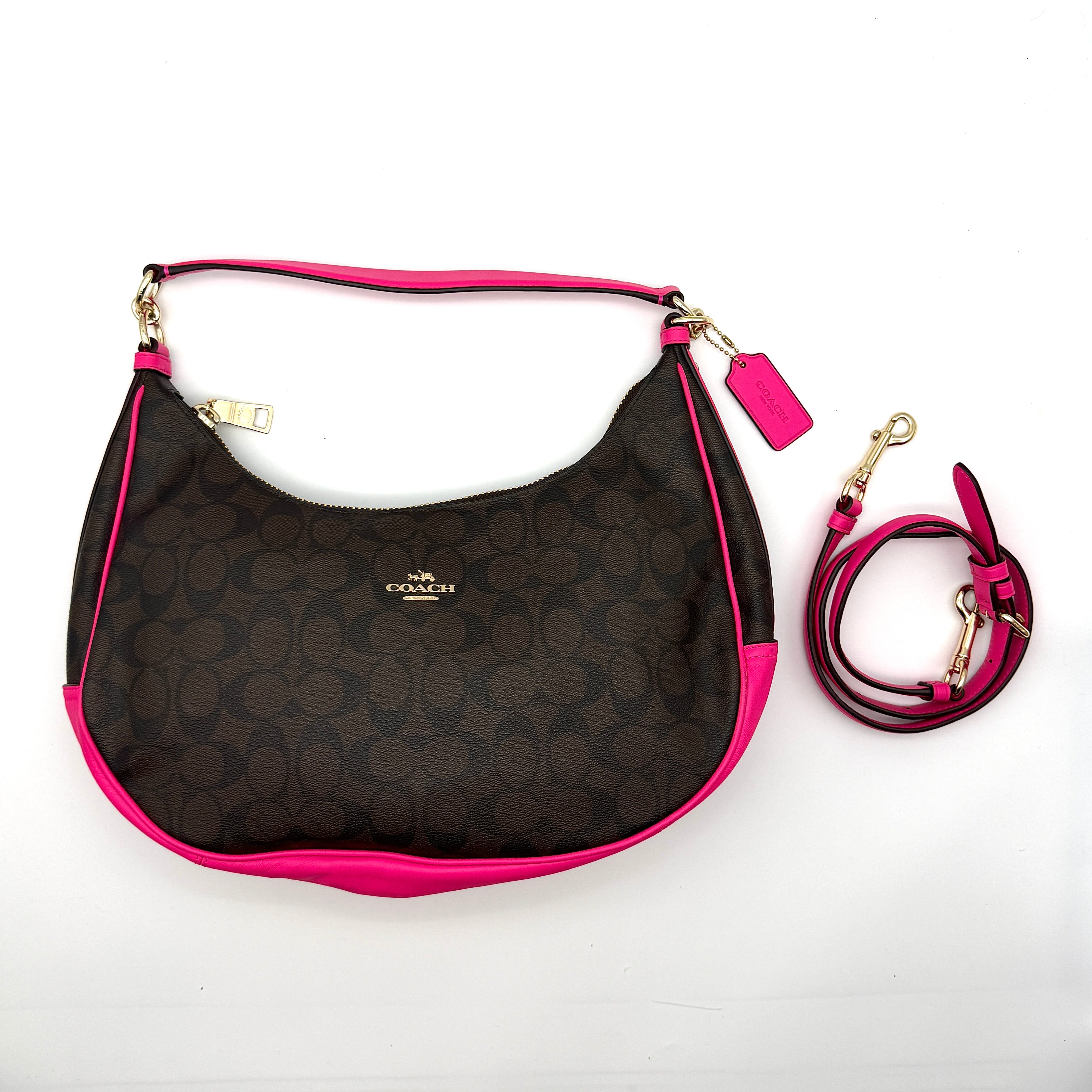 Coach 2Way Signature Hobo Canvas Shoulder Bag Brown/Pink with gold-tone hardware, monogram print and bold pink leather trim