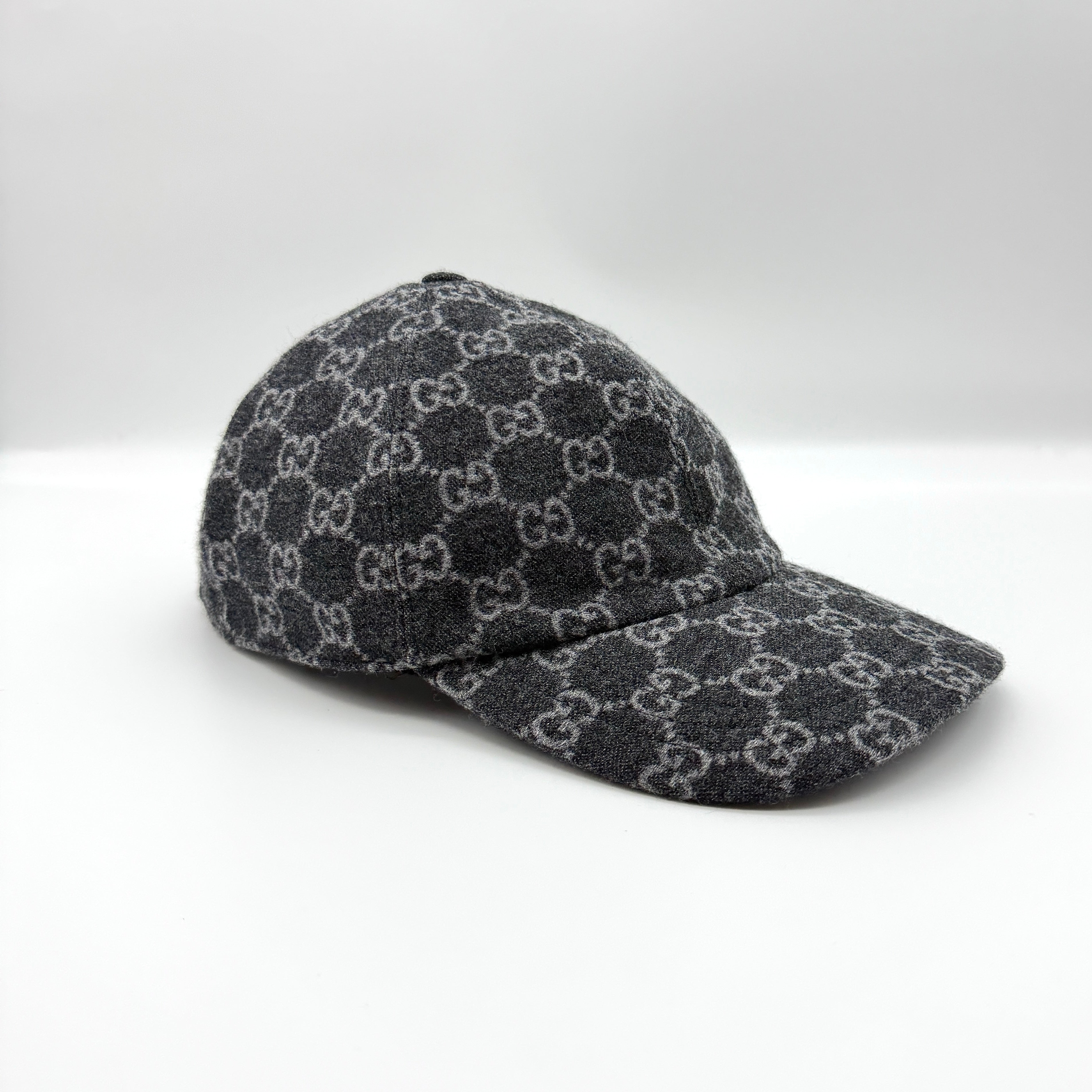 Gucci GG Wool Flannel Baseball Cap in charcoal grey with tonal monogram and leather strap