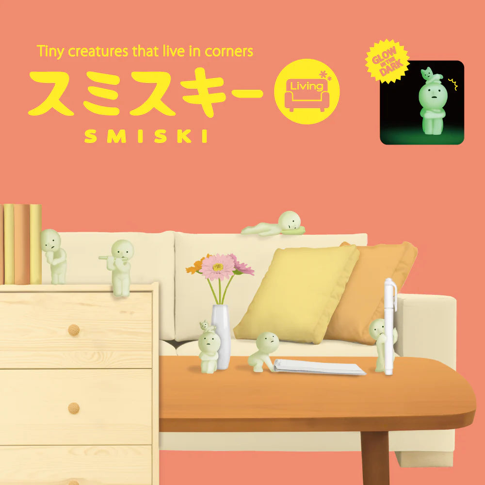 Smiski collectible figure, glow-in-the-dark mini character in quirky poses, perfect for shelves and desks.