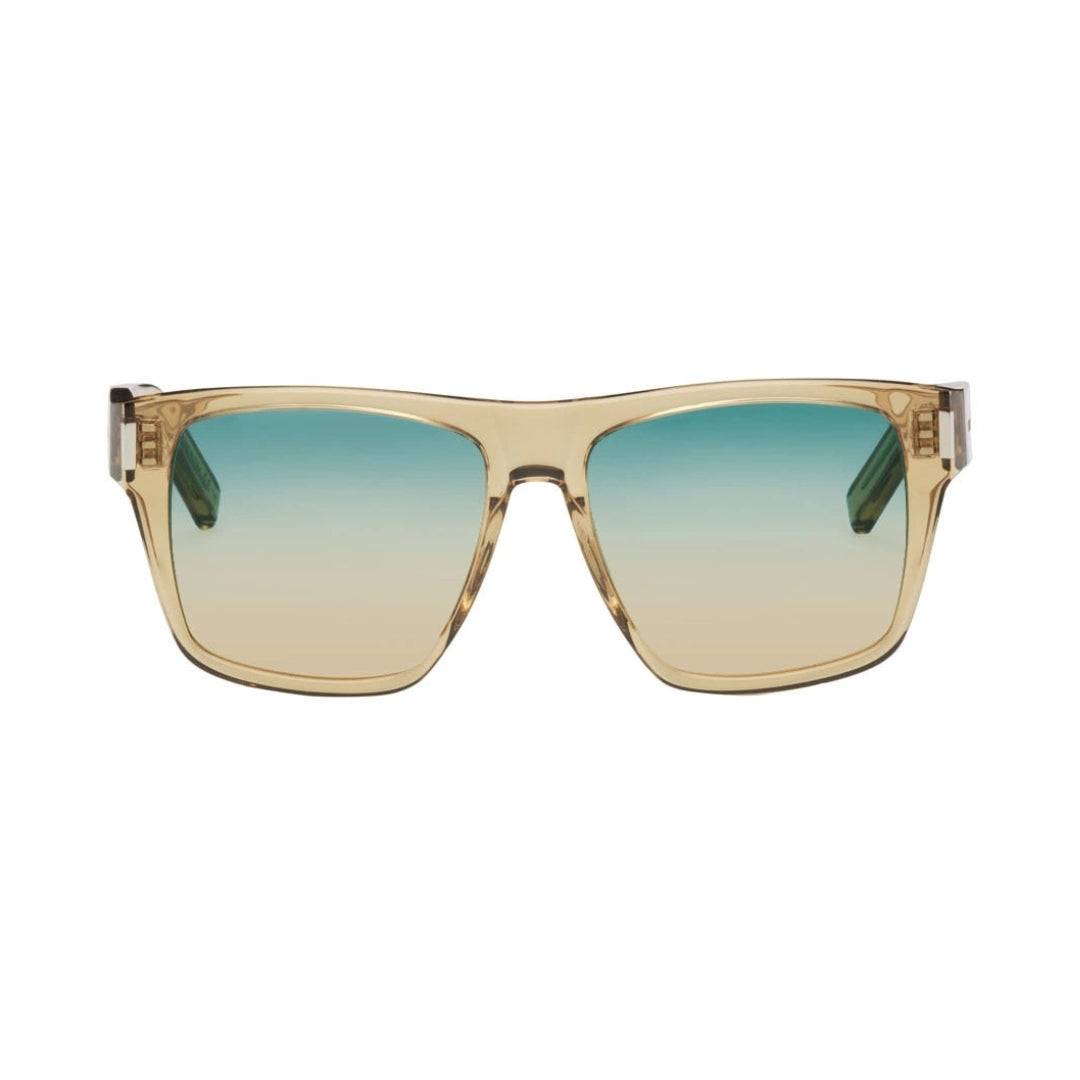 Saint Laurent SL 424 sunglasses with translucent beige acetate frame and gradient blue-to-beige square lenses.