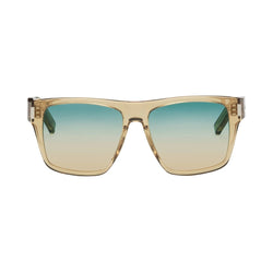 Saint Laurent SL 424 sunglasses with translucent beige acetate frame and gradient blue-to-beige square lenses.