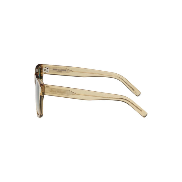 Saint Laurent SL 424 sunglasses with translucent beige acetate frame and gradient blue-to-beige square lenses.