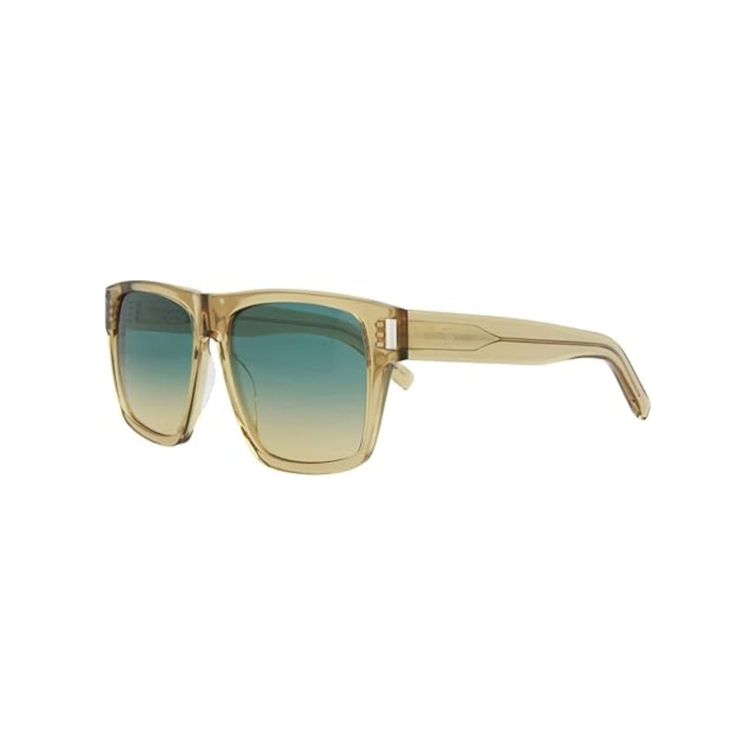Saint Laurent SL 424 sunglasses with translucent beige acetate frame and gradient blue-to-beige square lenses.