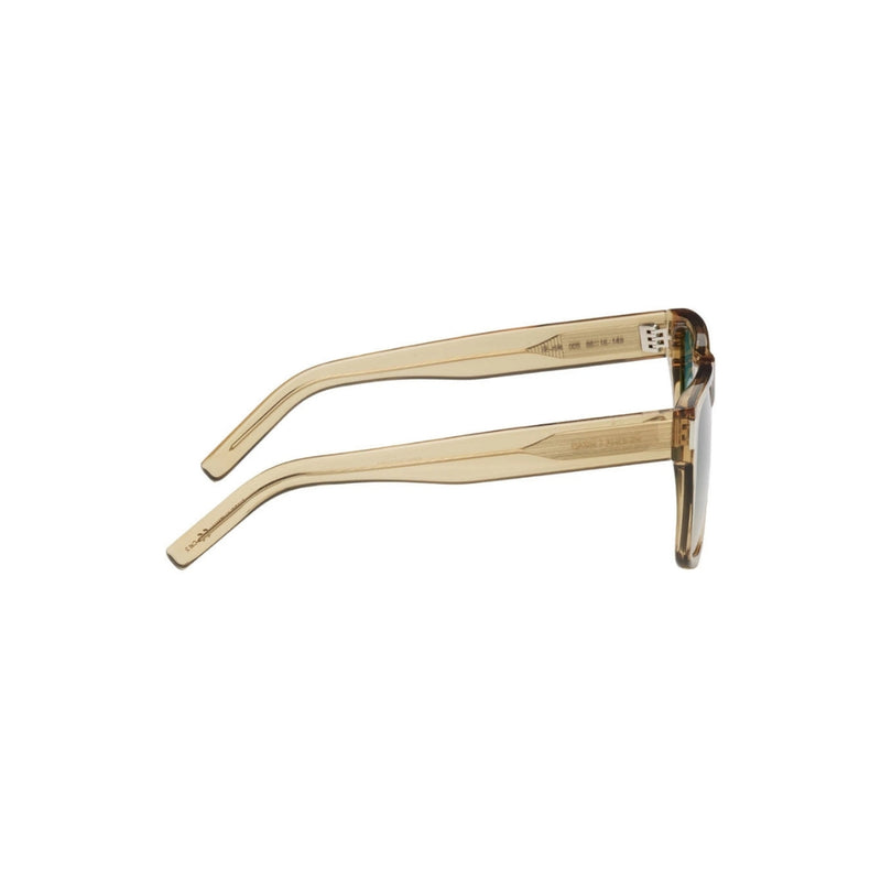 Saint Laurent SL 424 sunglasses with translucent beige acetate frame and gradient blue-to-beige square lenses.