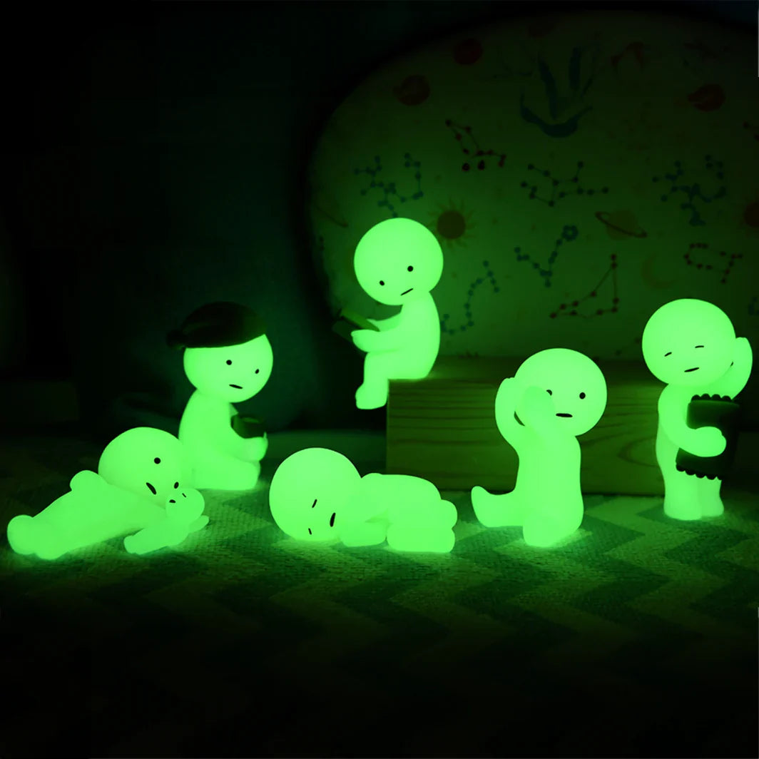 Smiski collectible figure, glow-in-the-dark mini character in quirky poses, perfect for shelves and desks.