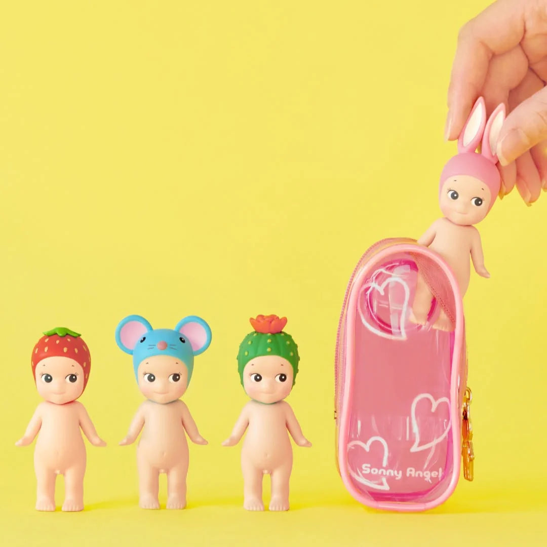 Sonny Angel My Bestie Case with unique motif, zippered transparent display pouch and gold keyring for single figure storage.