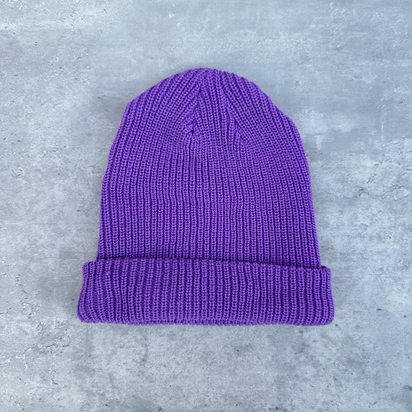 Supreme Loose Gauge Beanie Purple FW19, ribbed knit with front embroidery and fold-over cuff
