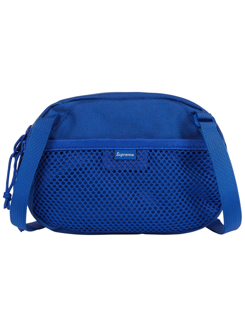Supreme Mini Side Bag Blue FW24 in Cordura nylon with front logo, mesh pocket, and reflective strip