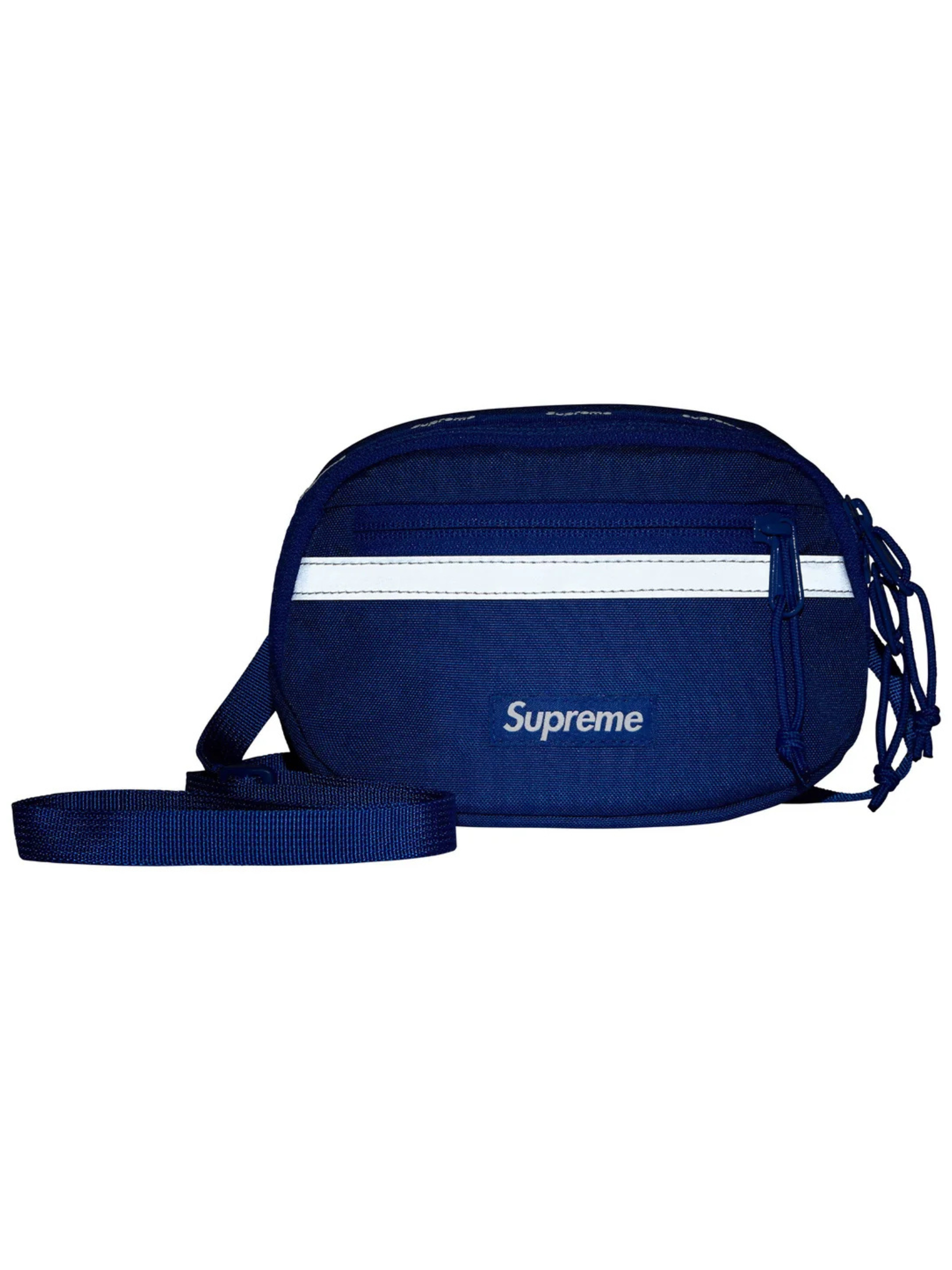 Supreme Mini Side Bag Blue FW24 in Cordura nylon with front logo, mesh pocket, and reflective strip