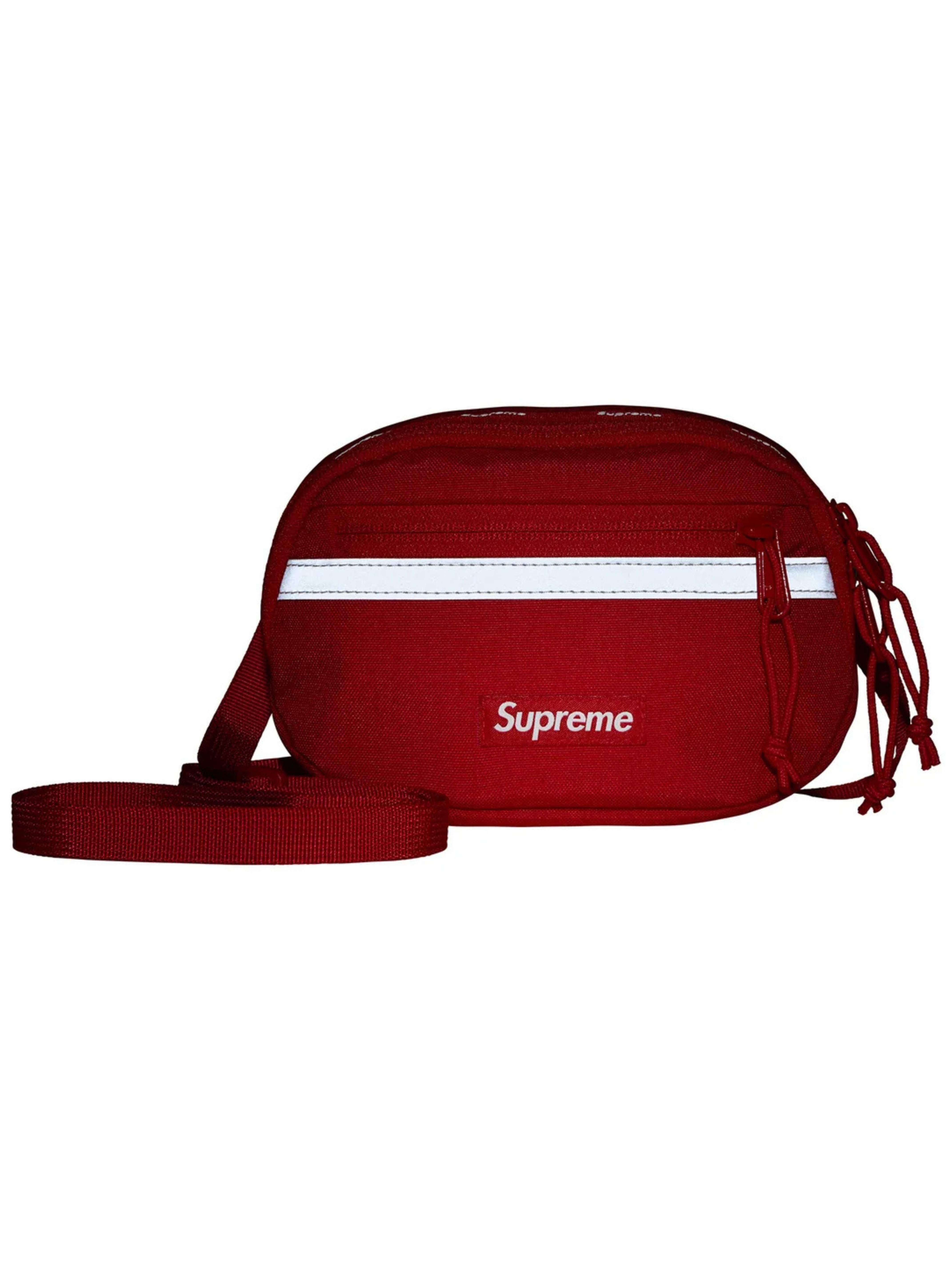 Supreme Mini Side Bag Red FW24 with reflective front detail, nylon build, and bold logo