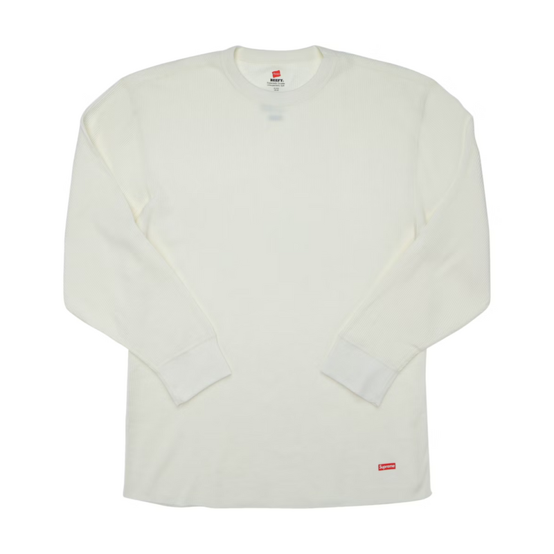Supreme Thermal Crew White, long sleeve waffle-knit cotton shirt with ribbed cuffs and crew neckline.