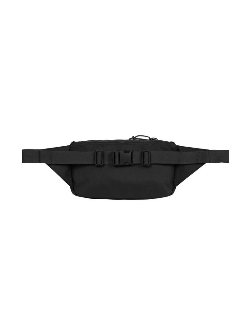 Supreme Waist Bag Black FW24 with reflective zip trim, mesh logo pocket, and adjustable strap