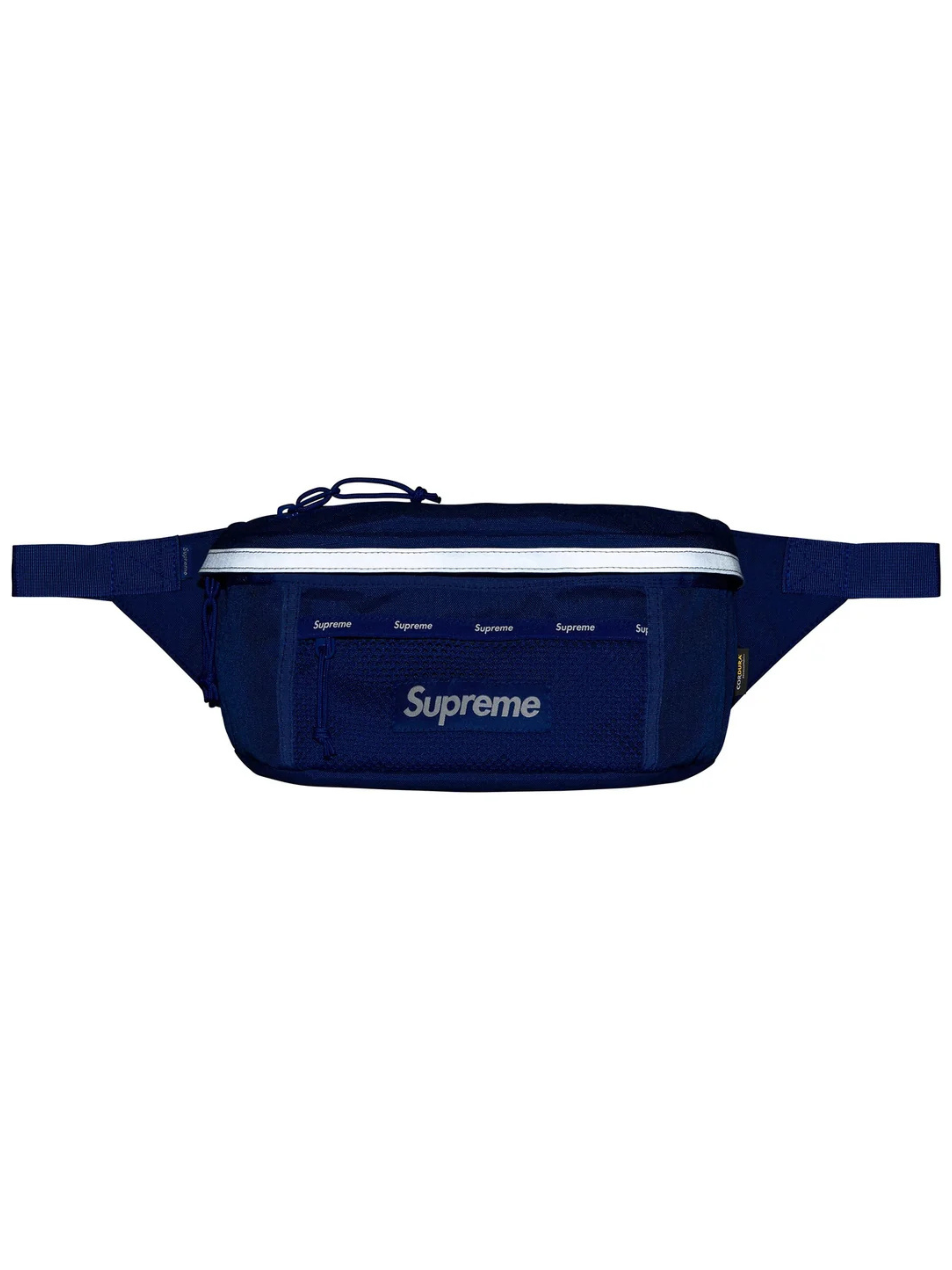 Supreme Waist Bag Blue FW24 in Cordura nylon with mesh pocket, reflective trim, and logo details