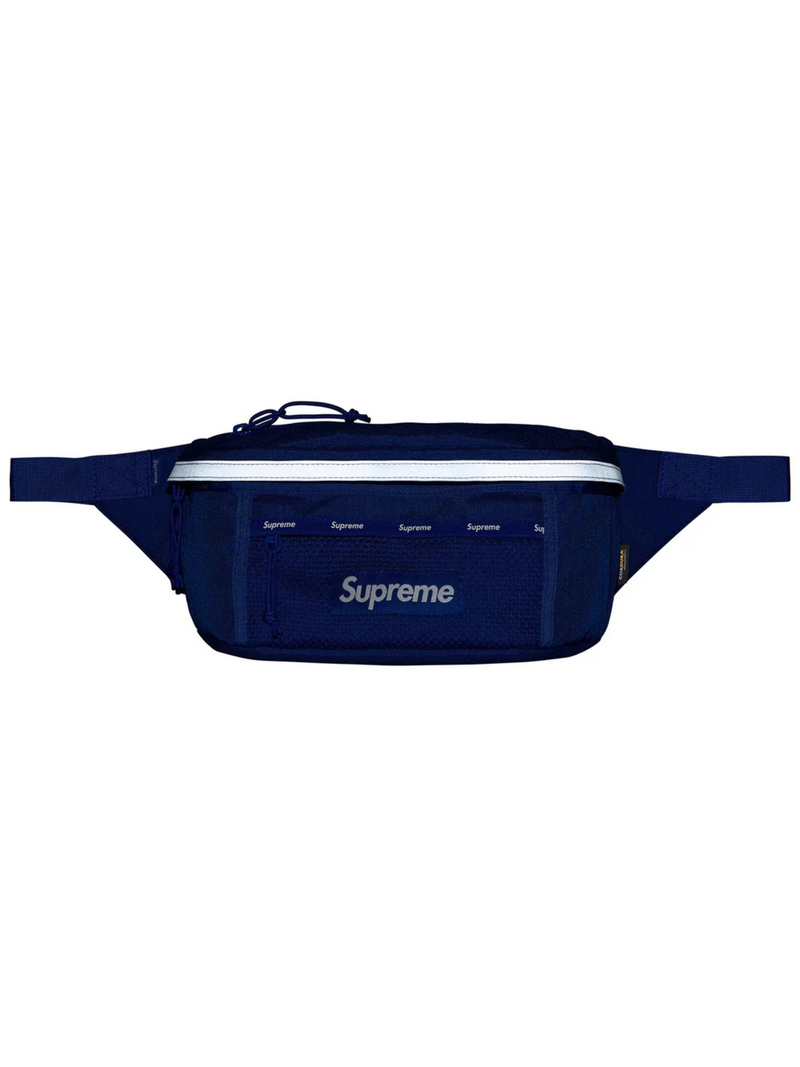 Supreme Waist Bag Blue FW24 in Cordura nylon with mesh pocket, reflective trim, and logo details