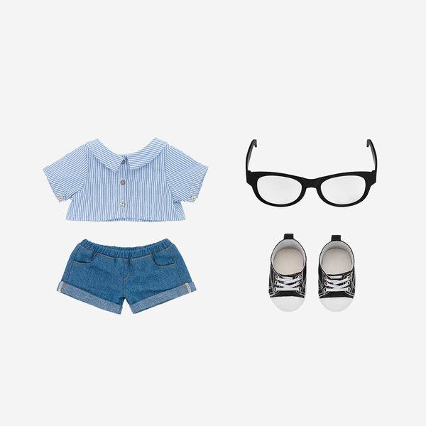 POP MART The Monsters LABUBU Flip with Me Vinyl Plush Doll wearing a blue striped shirt, denim shorts, black glasses, and sneakers, with a fuzzy bunny-ear hoodie.