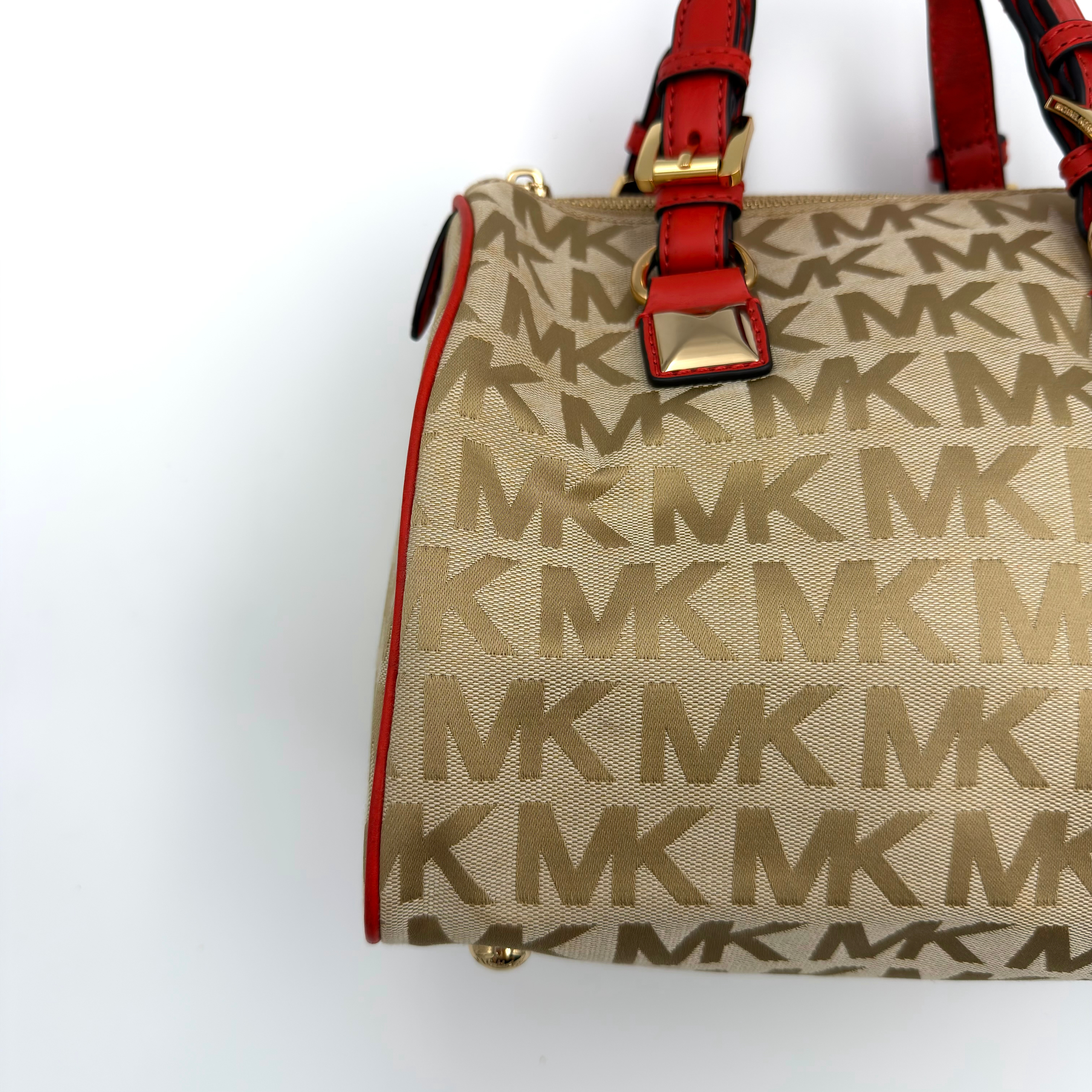 Michael Kors Grayson Monogram Satchel Handbag Beige/Red