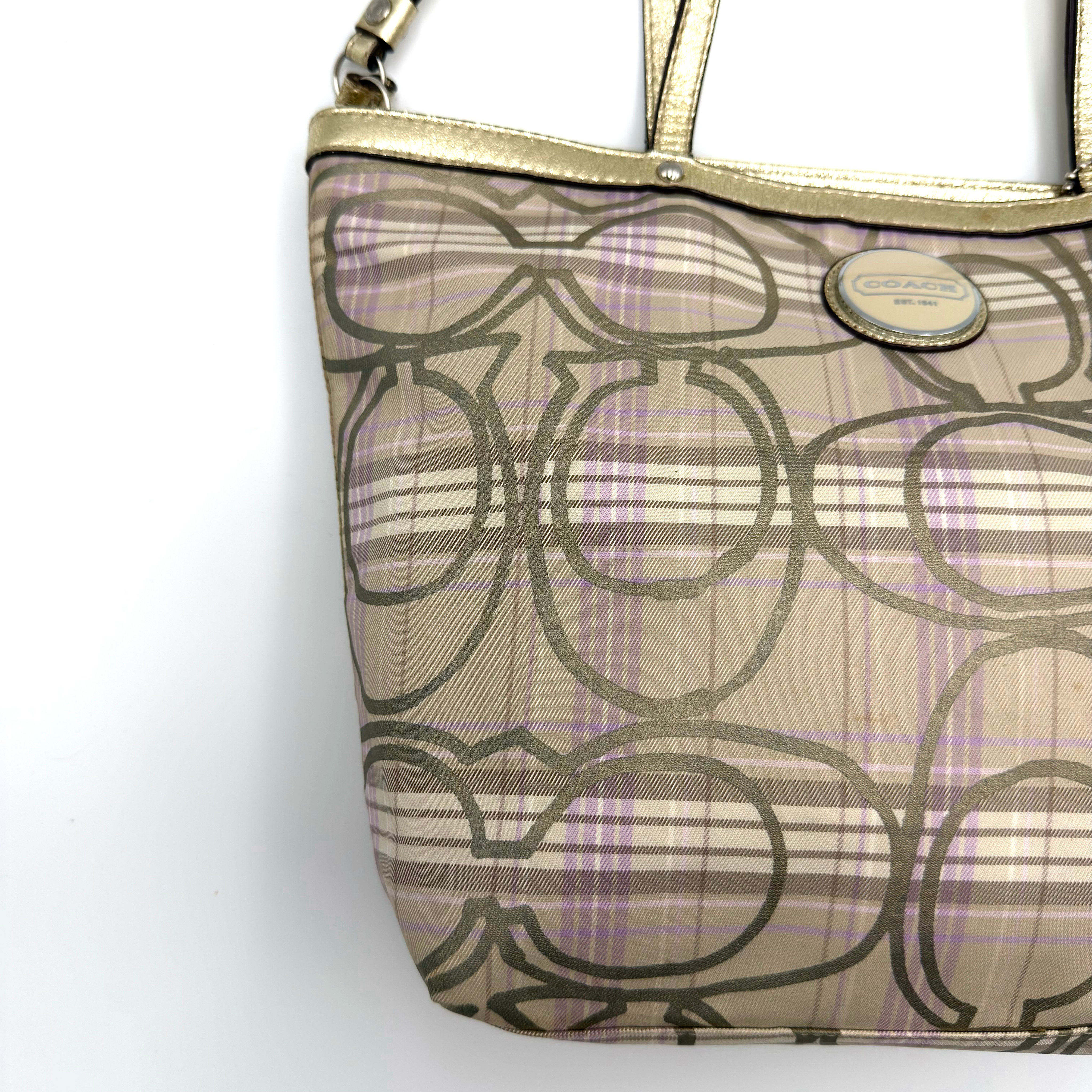 Coach Signature Plaid Tartan Tote Bag Purple/Gold