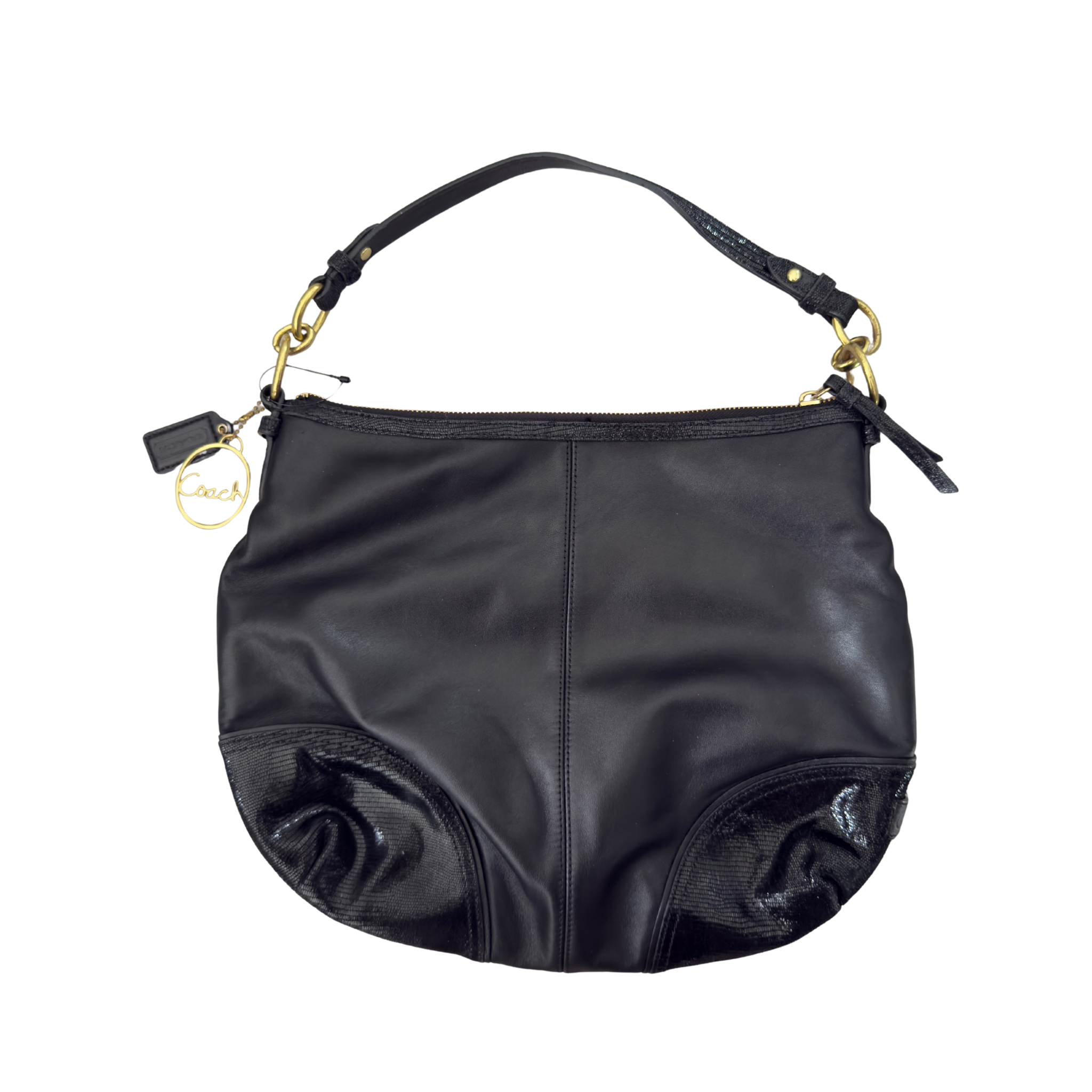 Coach Signature Cursive Logo Black/Gold Leather Shoulder Bag