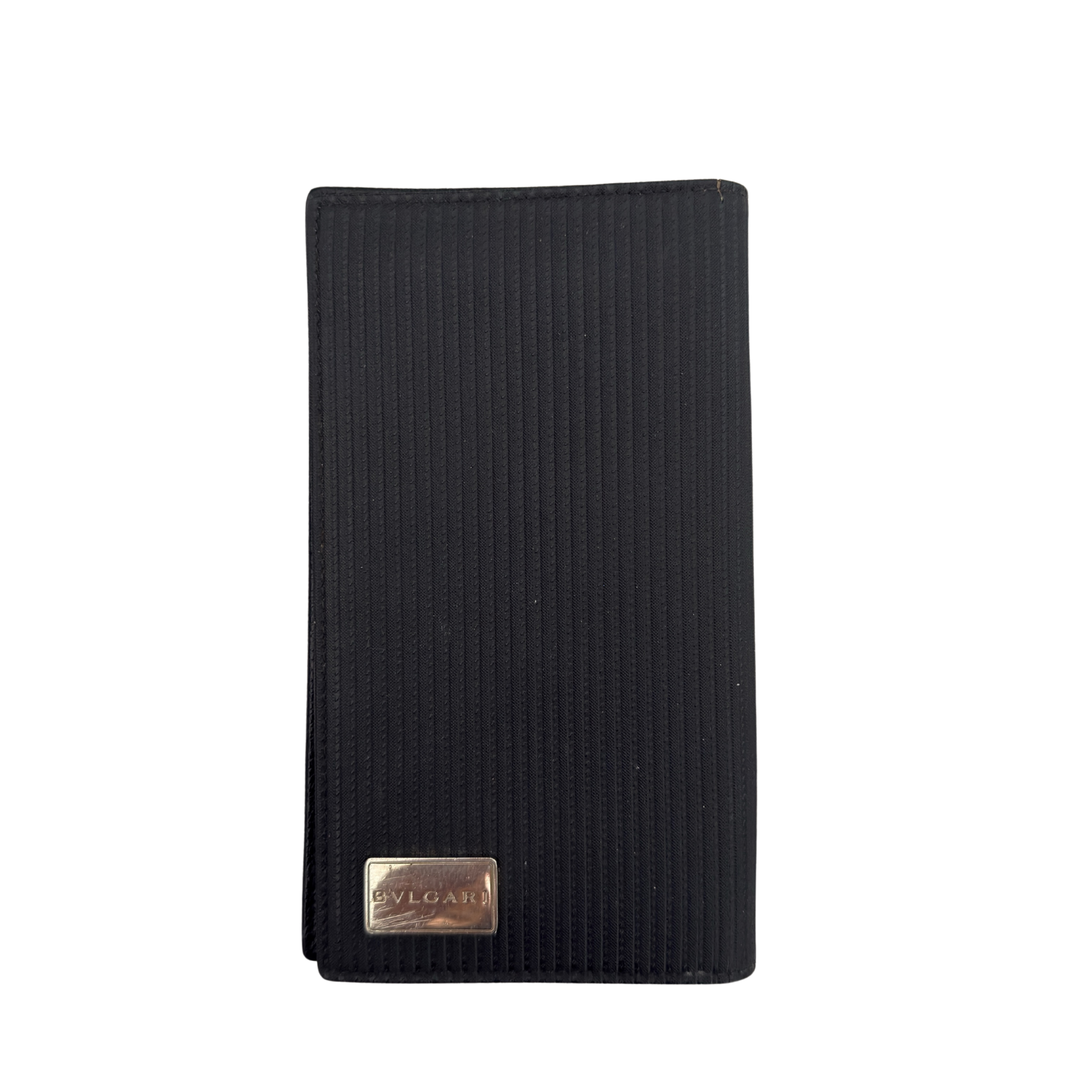 Bvlgari Ribbed Nylon Long Bifold Metal Plaque Logo Wallet