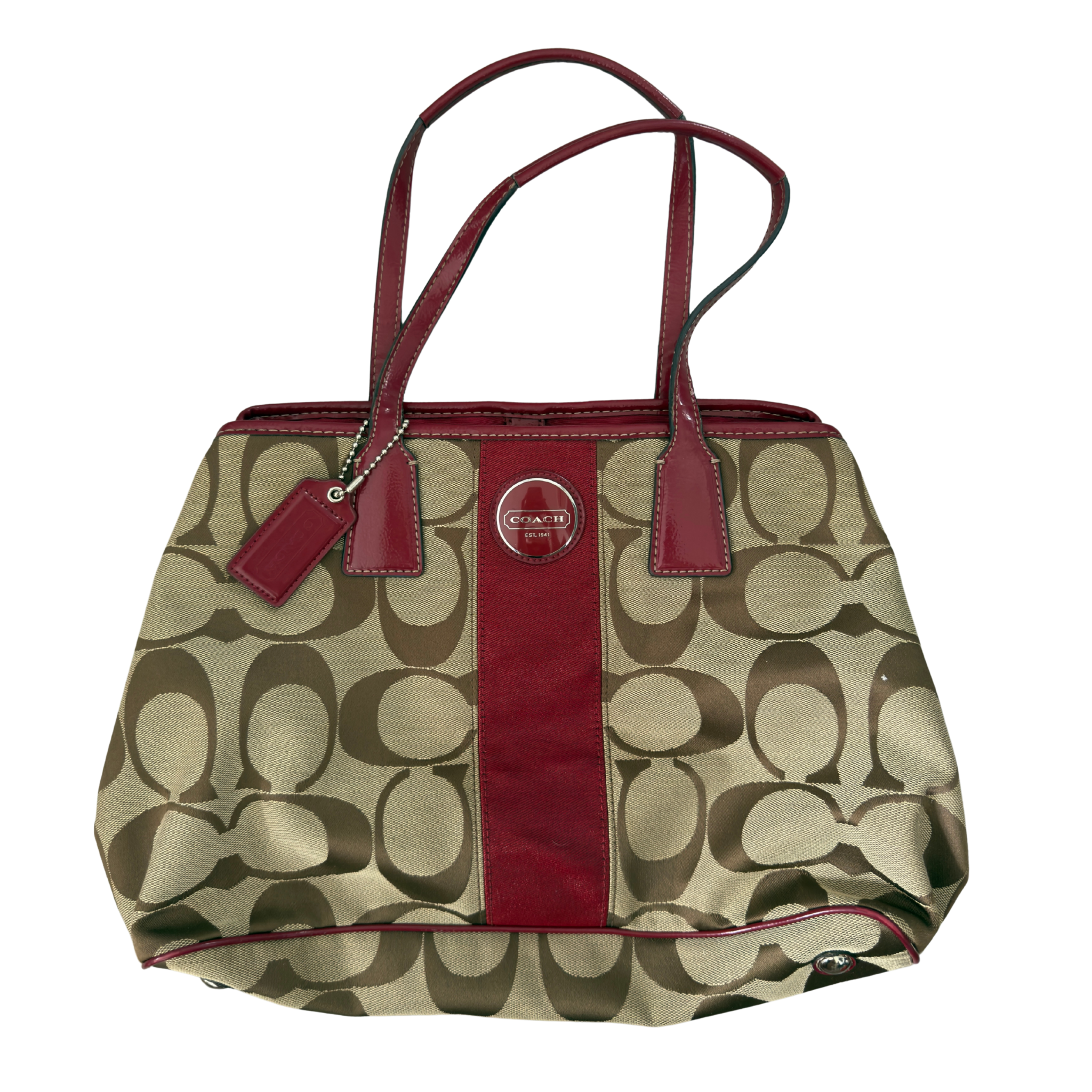 Coach Framed Kiss Lock Carryall Tan & Red Stripe Satchel Bag