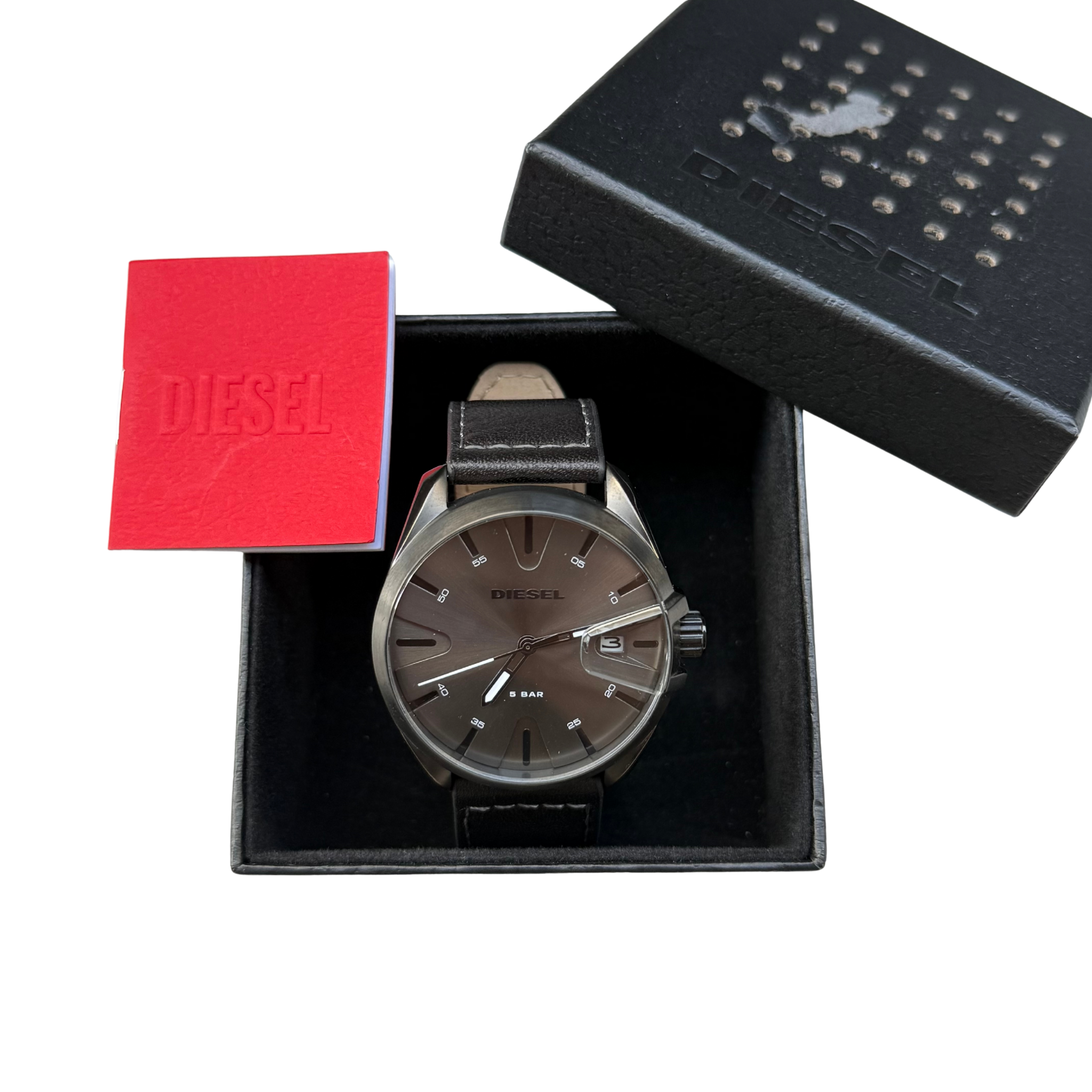 Diesel  MS9 Three-Hand Black Leather Watch