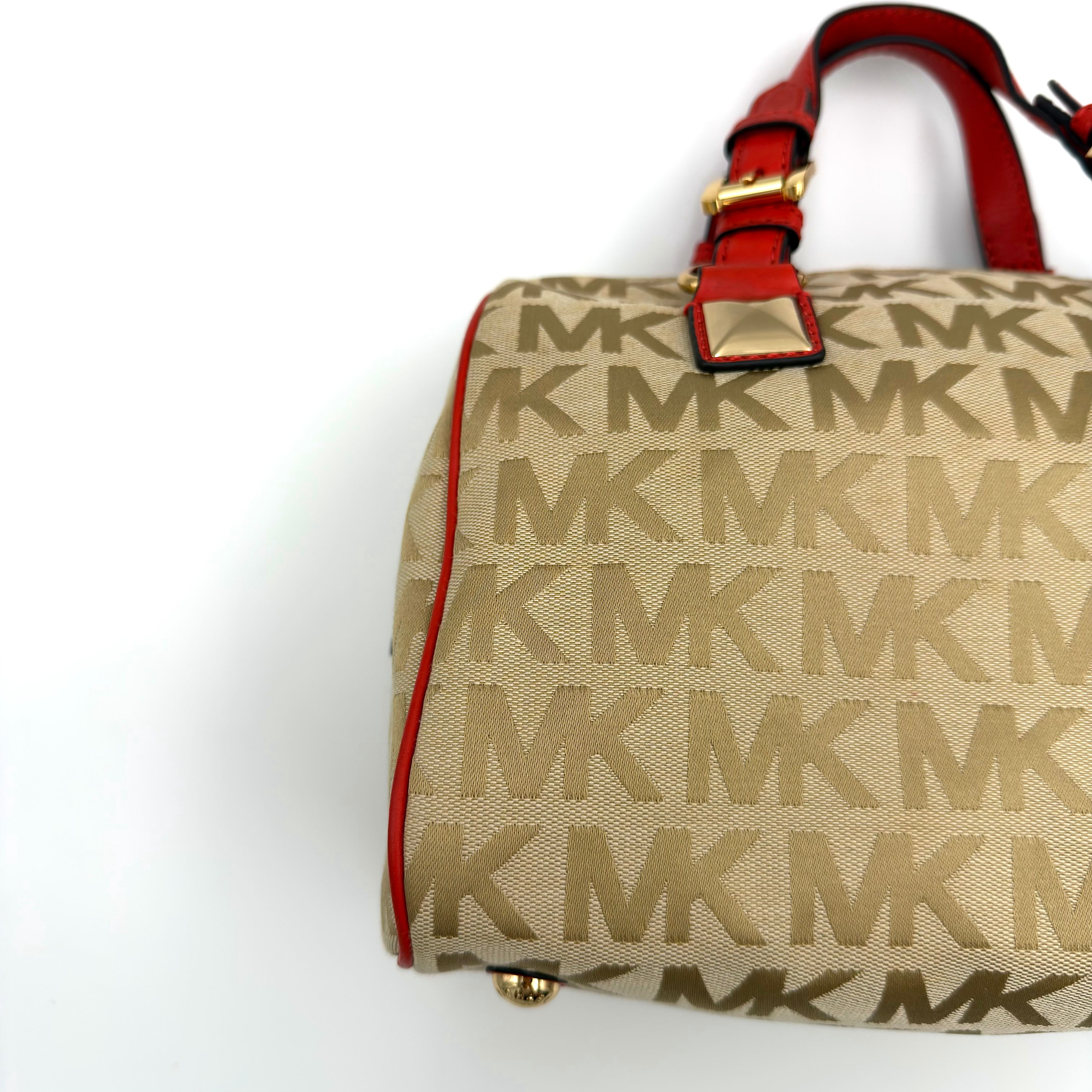 Michael Kors Grayson Monogram Satchel Handbag Beige/Red