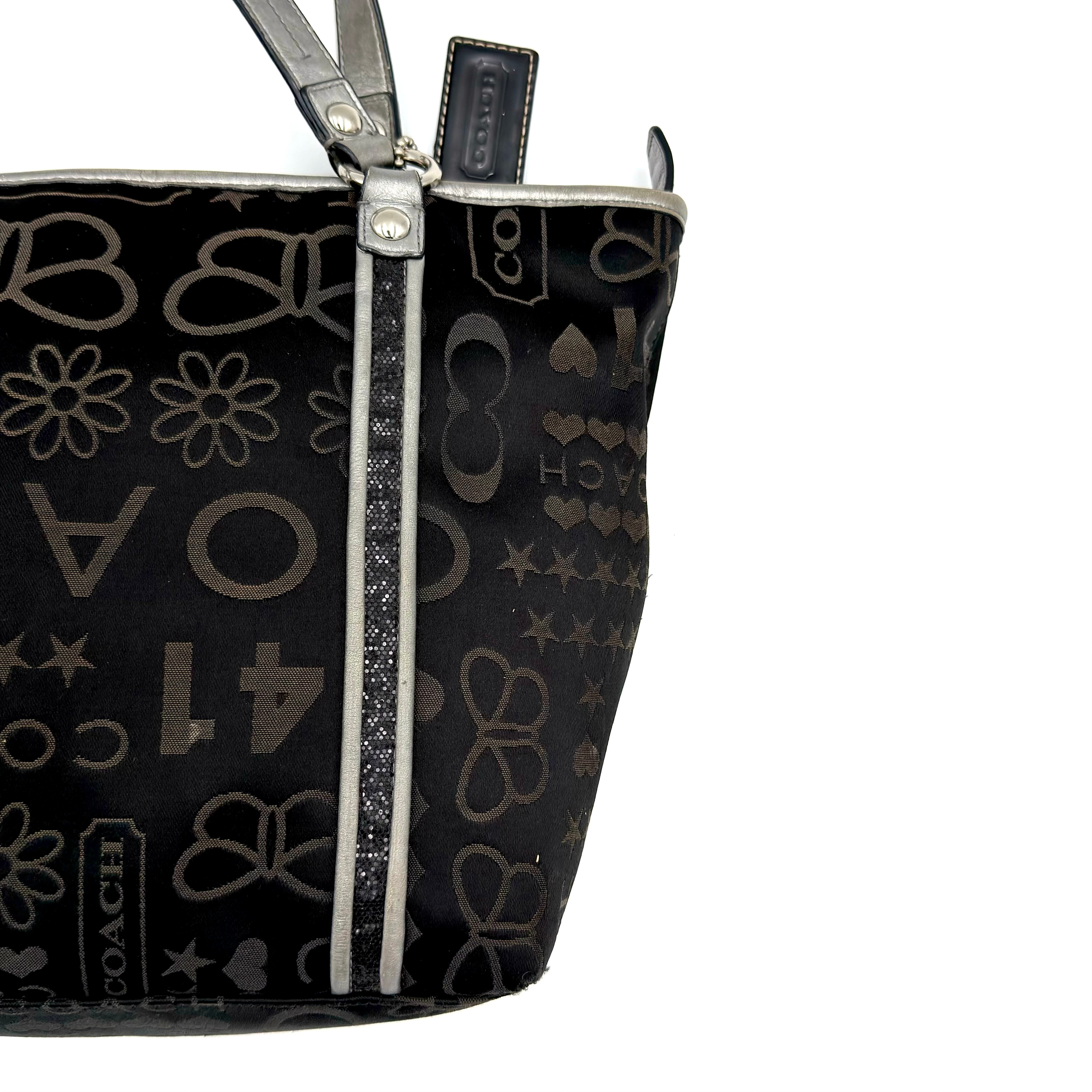 Coach Poppy Bandana Glitter Graffiti Tote Bag Black