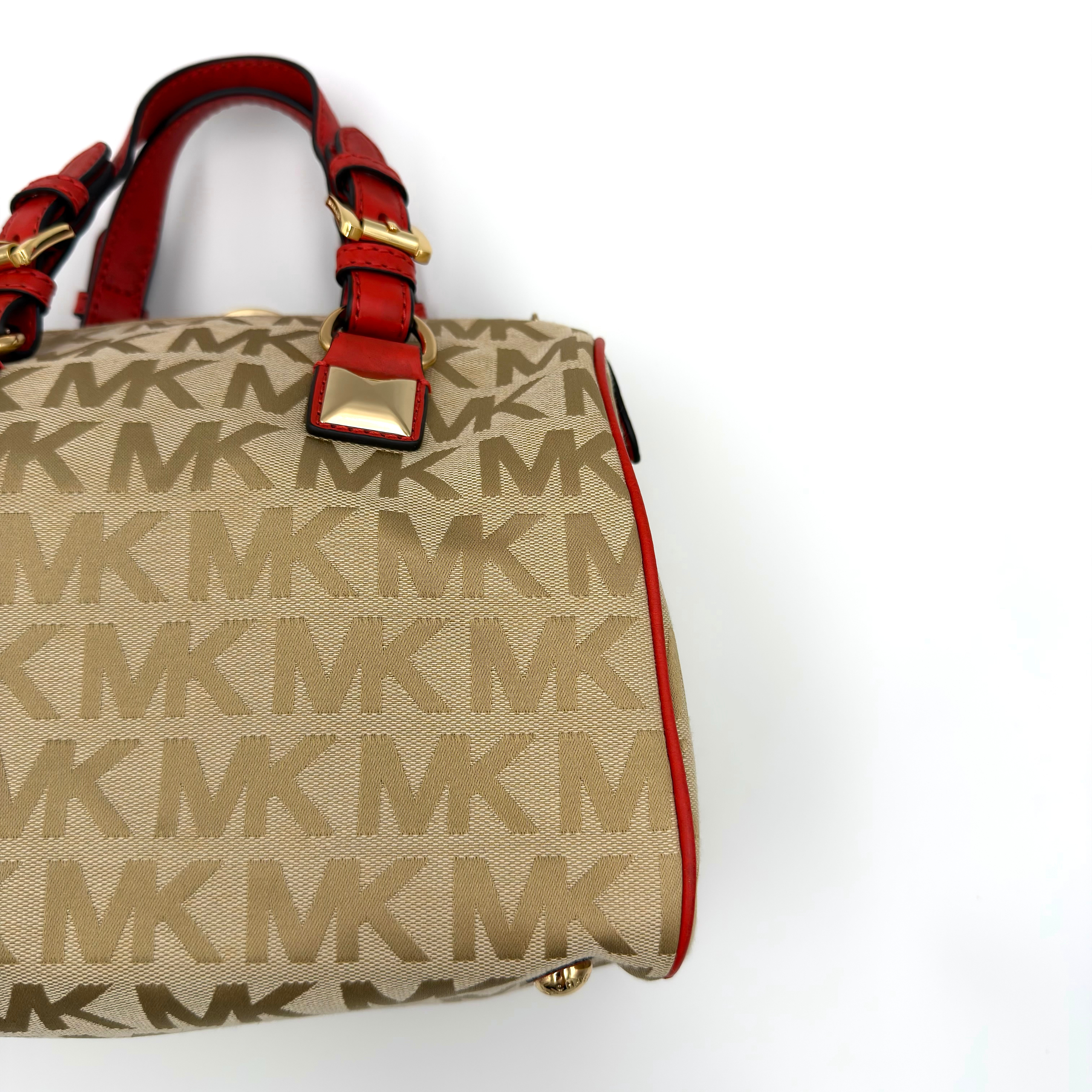 Michael Kors Grayson Monogram Satchel Handbag Beige/Red
