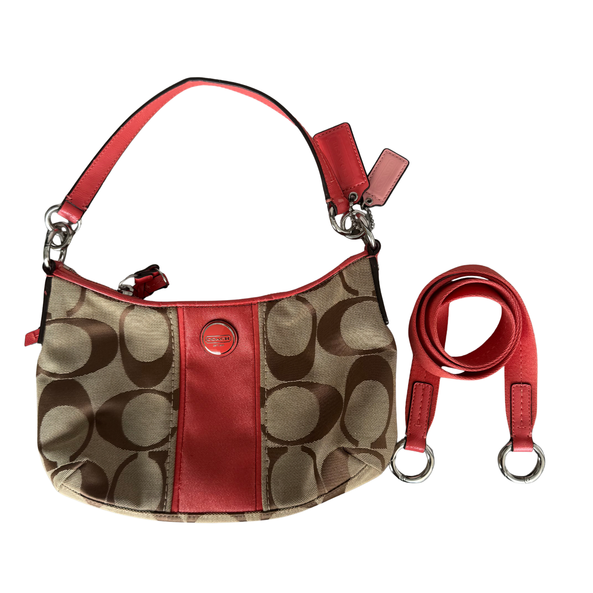 Coach 2Way Signature Strip Shoulder Bag Beige/Red