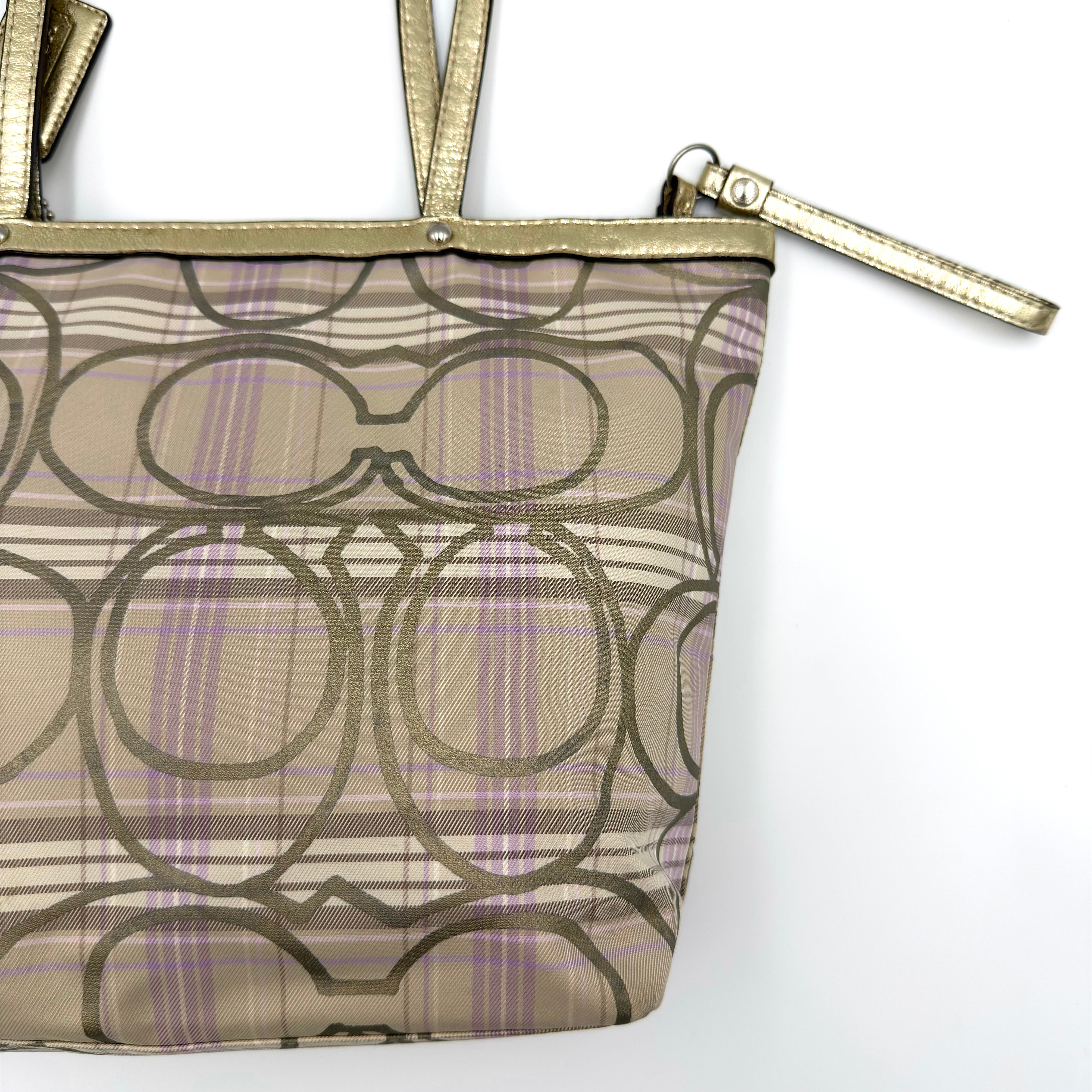 Coach Signature Plaid Tartan Tote Bag Purple/Gold