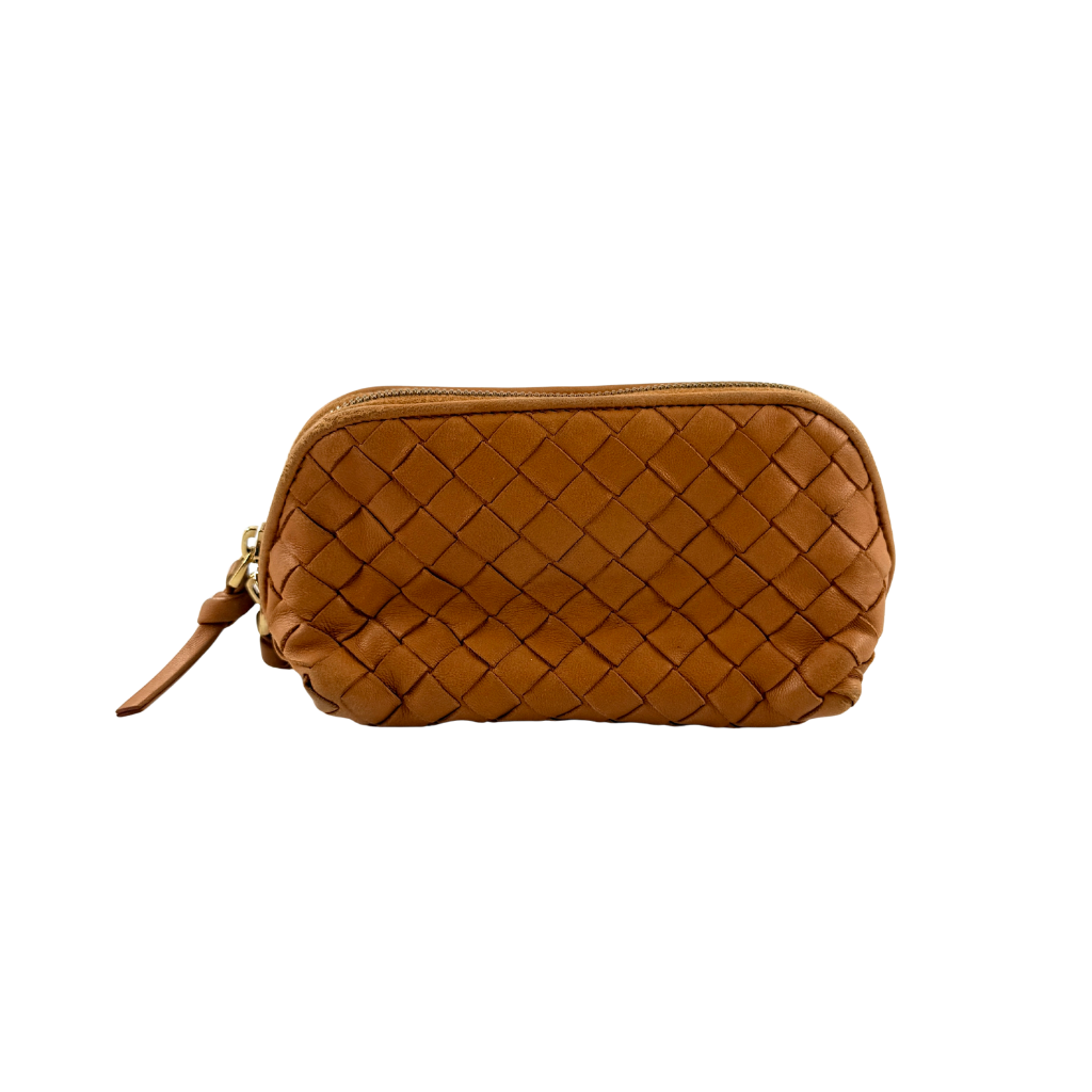 A Bottega Veneta brown Intrecciato leather pouch with gold zip and woven texture, displayed against a clean, minimal background.