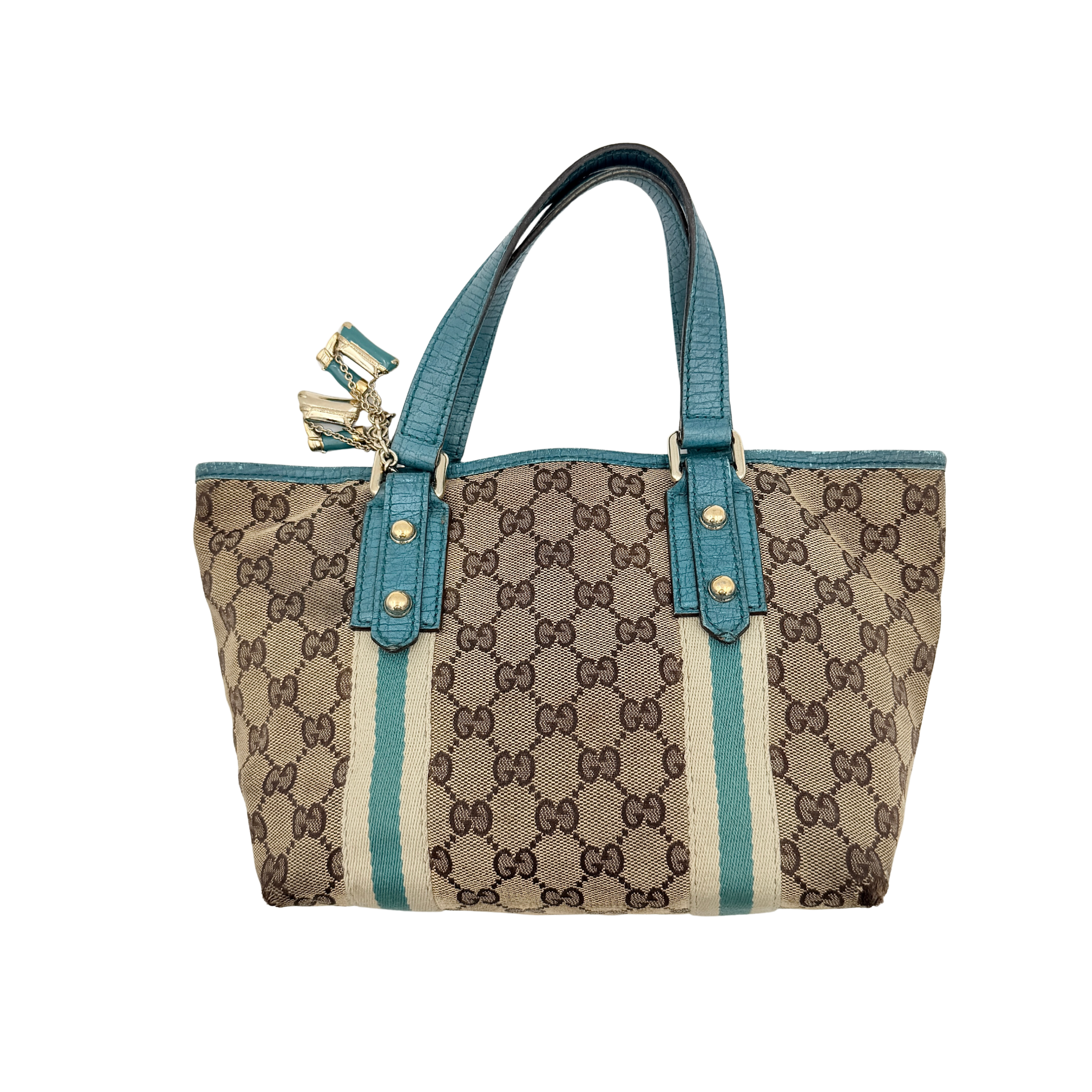 Gucci GG Monogram Jolicoeur Mini Shoulder Bag in beige canvas with teal blue leather trim and gold hardware, shown with a playful charm.