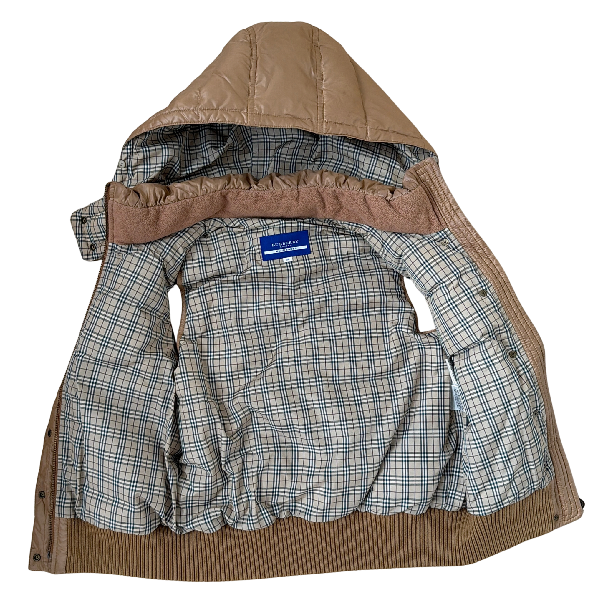 (38) Burberry Blue Label Nova Check Down Puffer Hoodie Vest Beige
