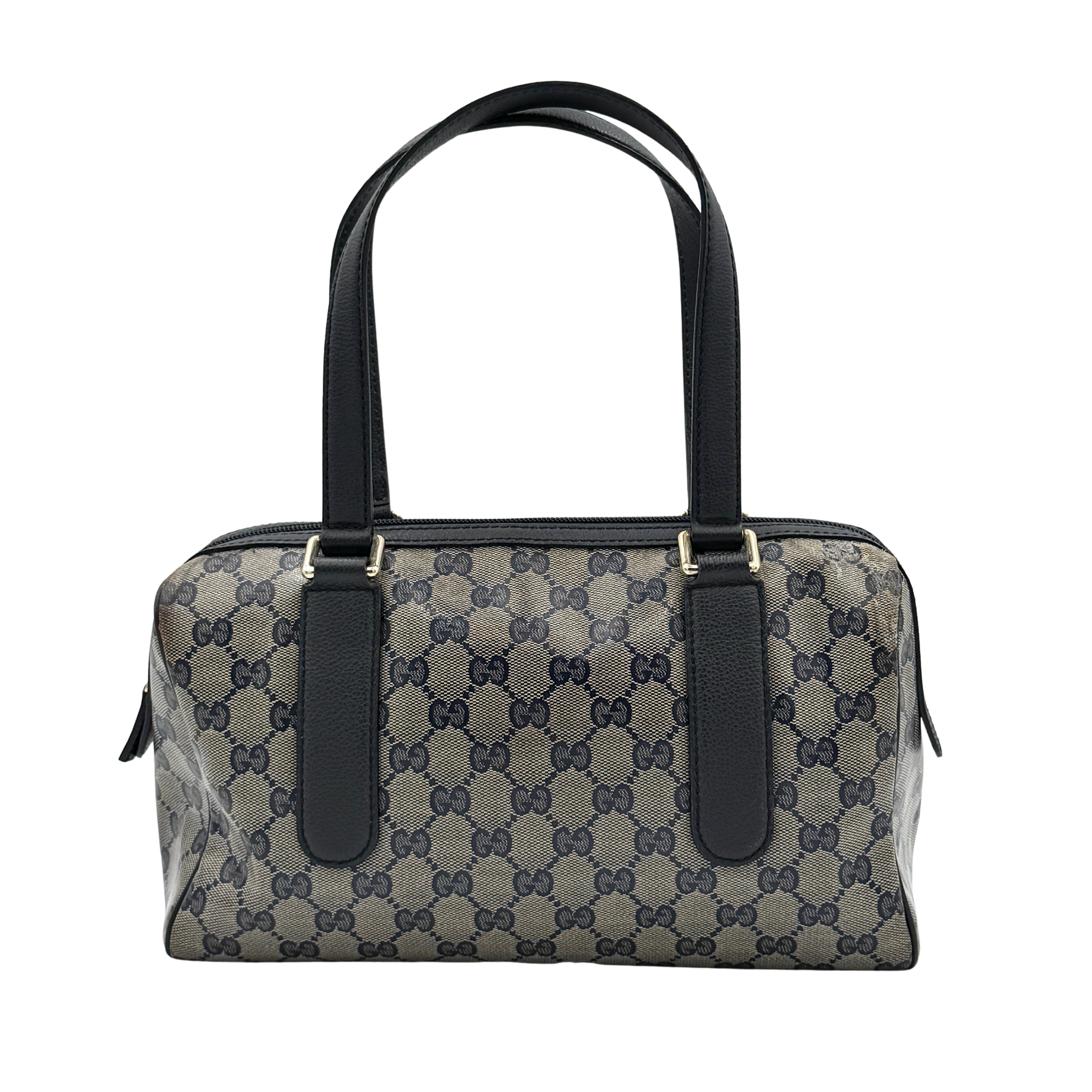 Front-facing view of the Gucci GG Monogram Crystal Boston Bag in grey and black with dual top handles and signature GG canvas.