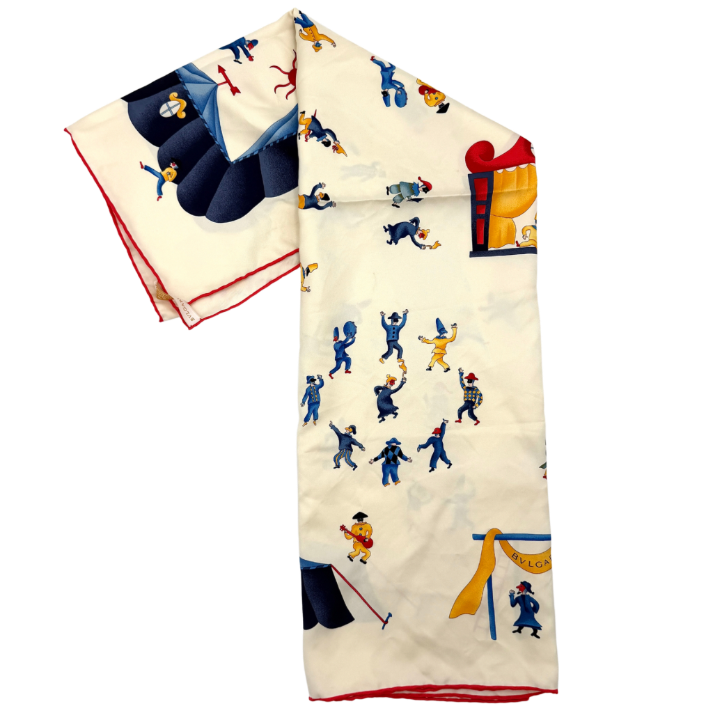 Bvlgari Girotondo di Marionette silk scarf featuring playful multicolour marionette illustrations and circus motifs on a creamy background.