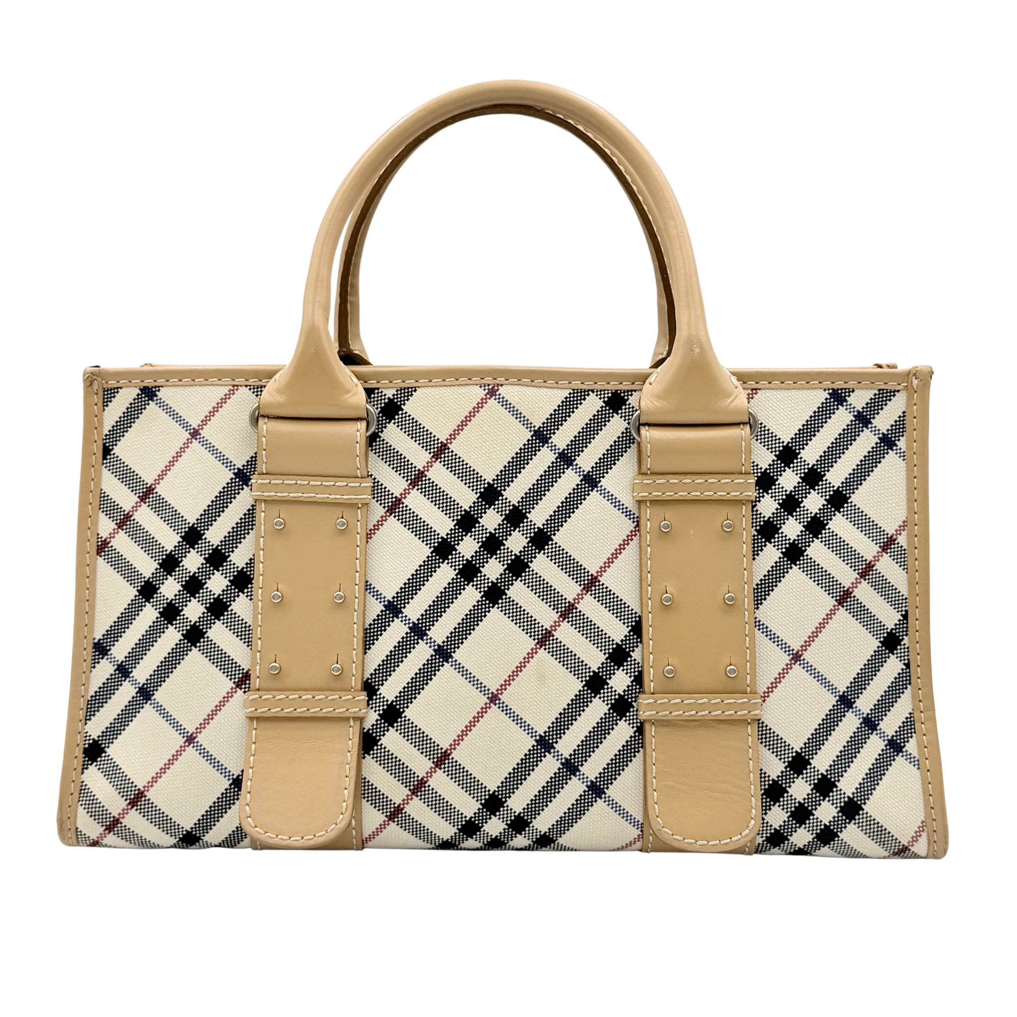 Burberry Blue Label Nova Check handbag in beige with leather trim and double top handles, displayed against a white background.
