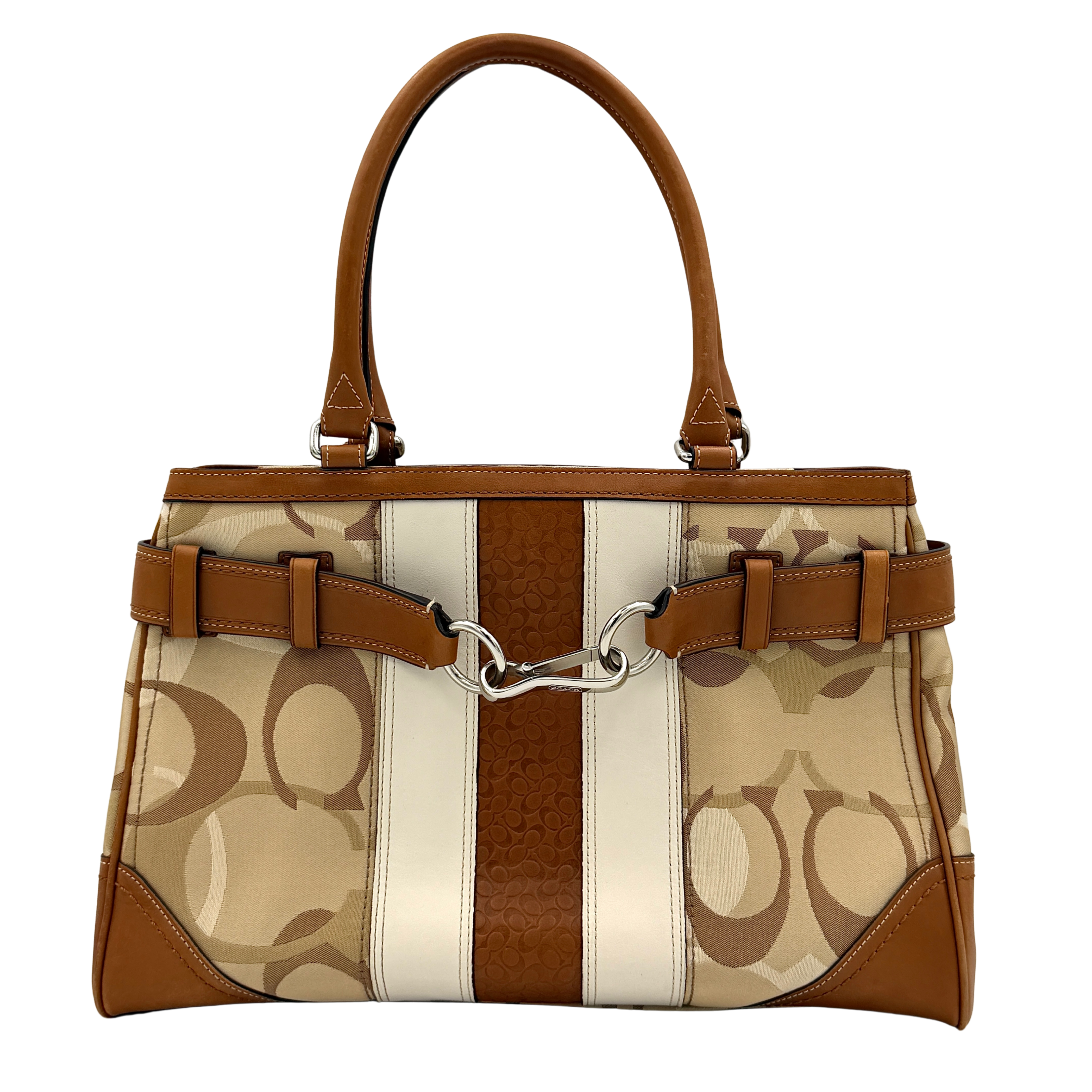 Coach Signature Stripe Hampton Carryall Shoulder Bag in neutral signature jacquard with caramel leather trim and silver hardware.