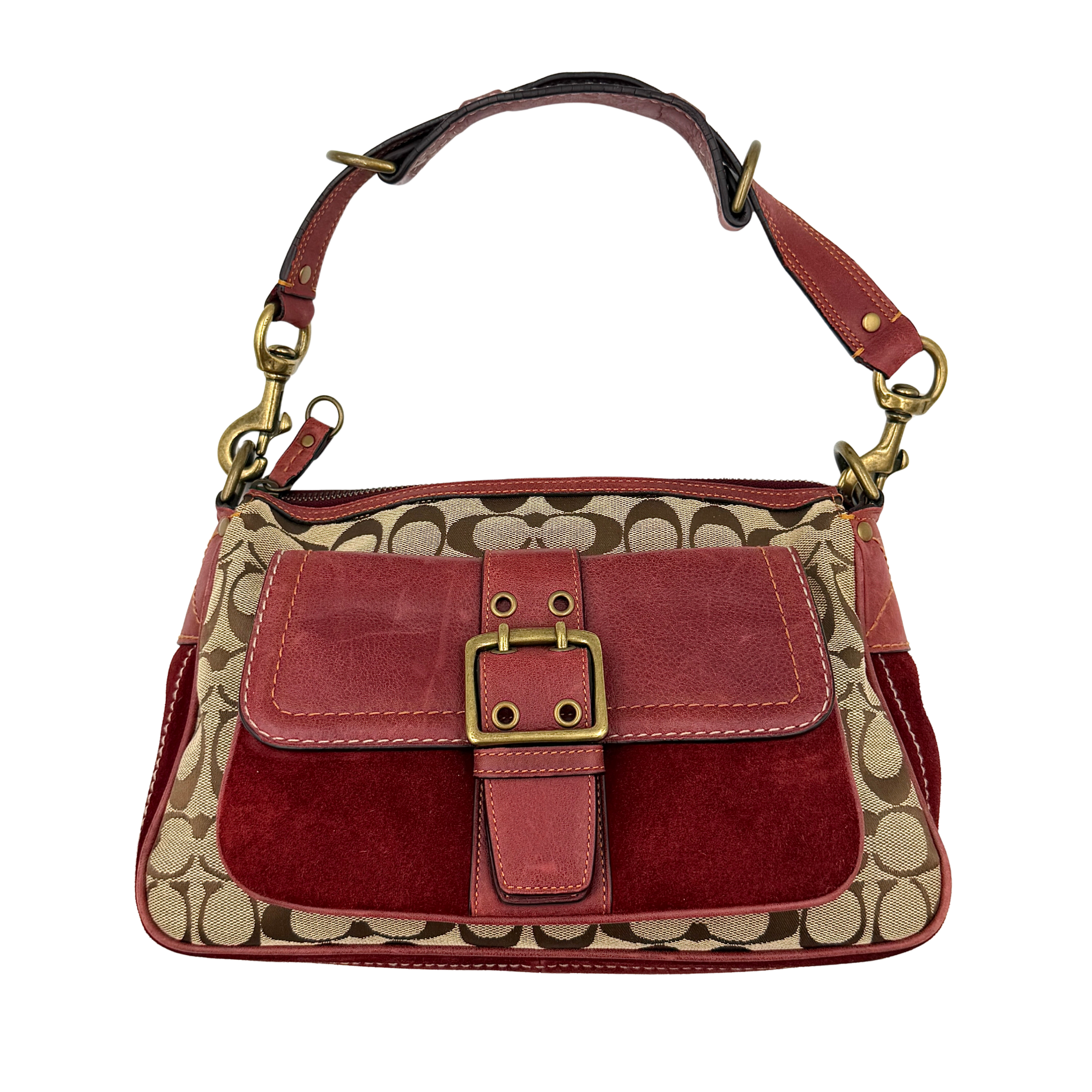 Coach Signature Front Buckle Shoulder Bag Burgundy/Beige