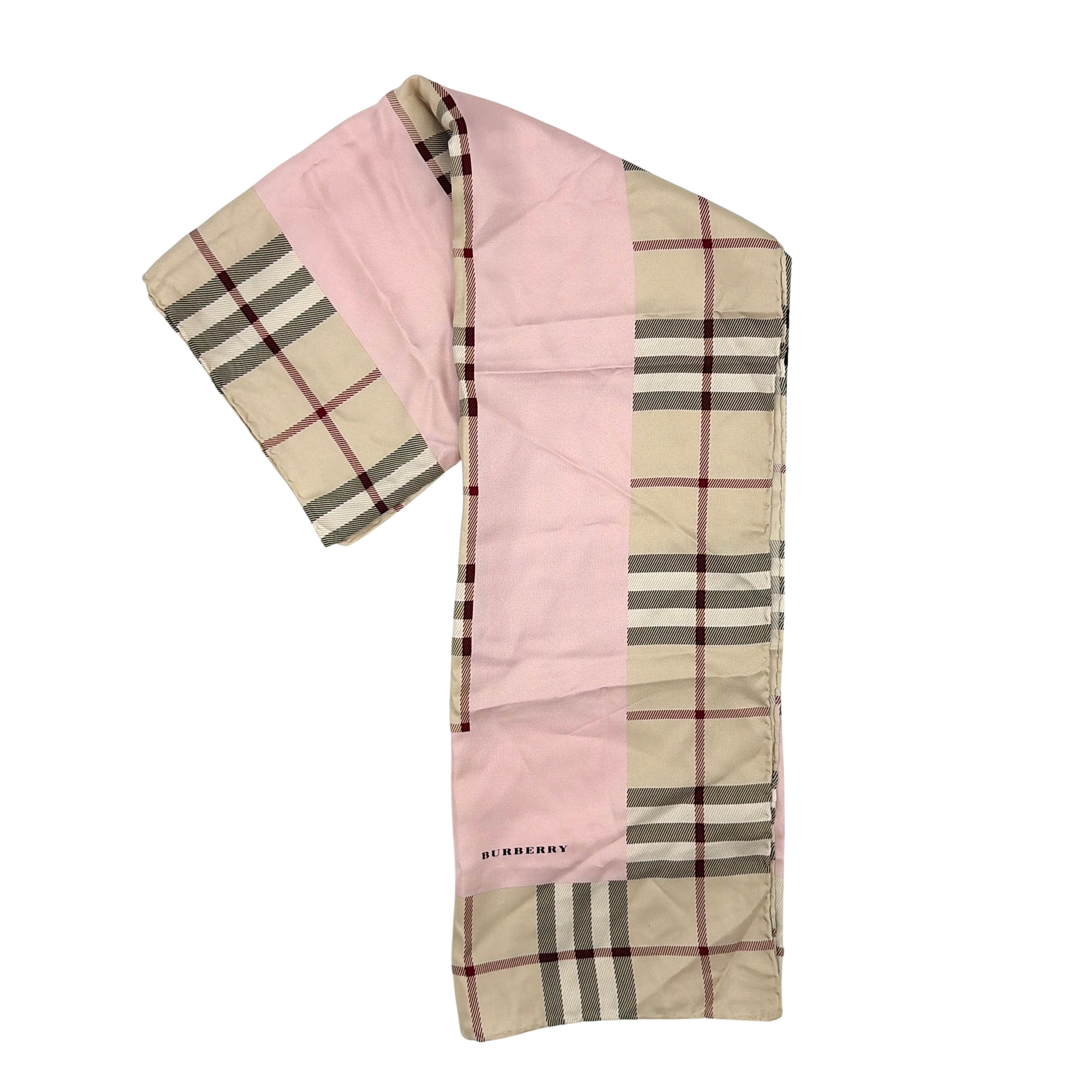 Burberry silk scarf in pale pink and beige, showcasing the iconic Nova Check pattern with burgundy highlights and a subtle brand signature.