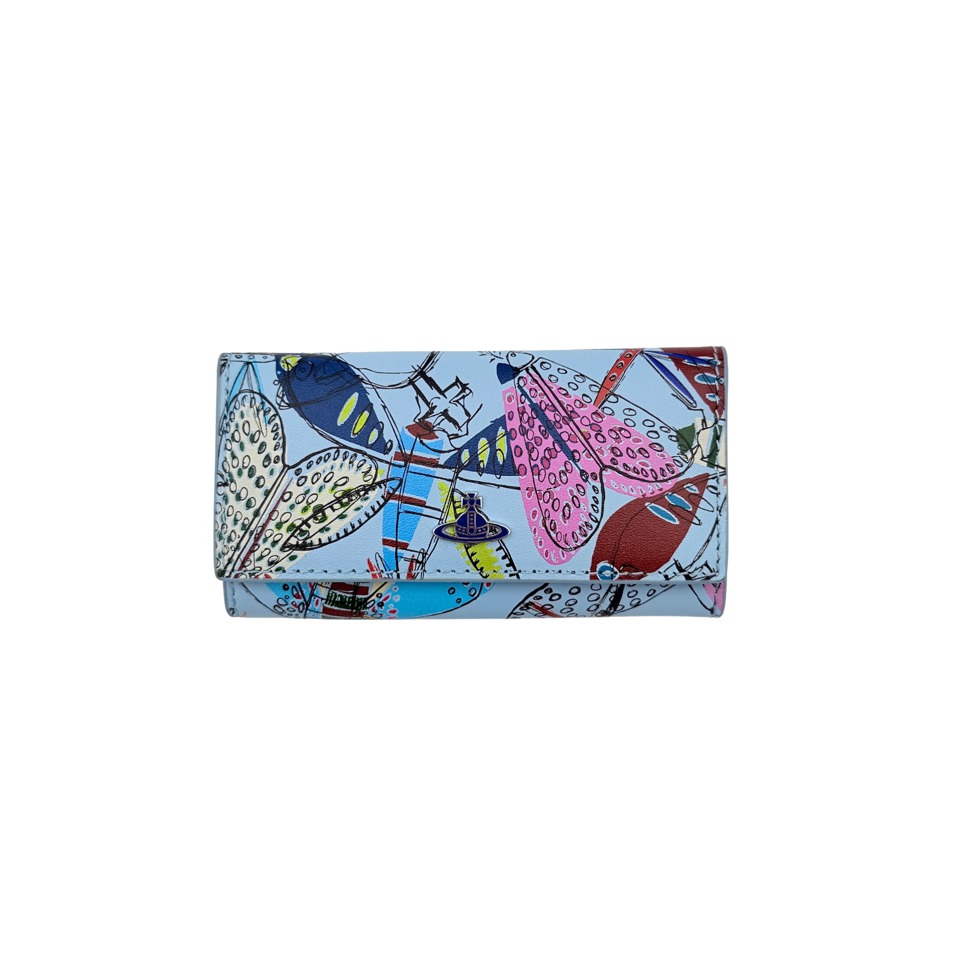 Vivienne Westwood Messy Bugs Key Holder in baby blue leather with a colourful insect motif and silver orb hardware.