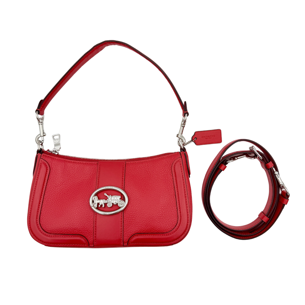 Coach 2Way Georgie Baguette in red pebbled leather with silver carriage logo hardware, shown with removable shoulder strap.