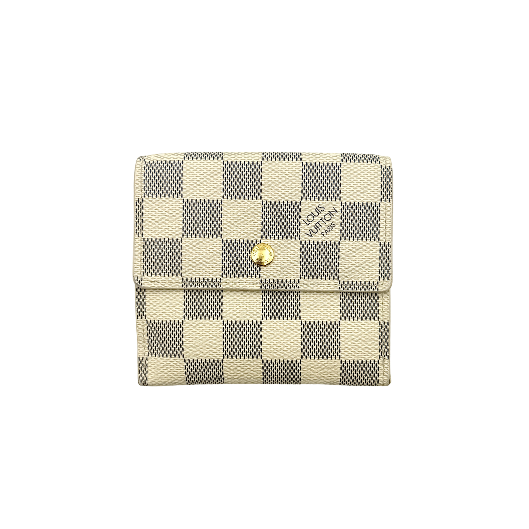 Louis Vuitton Damier Azur Elise Wallet in checked canvas with gold button snap, photographed on a clean white background.
