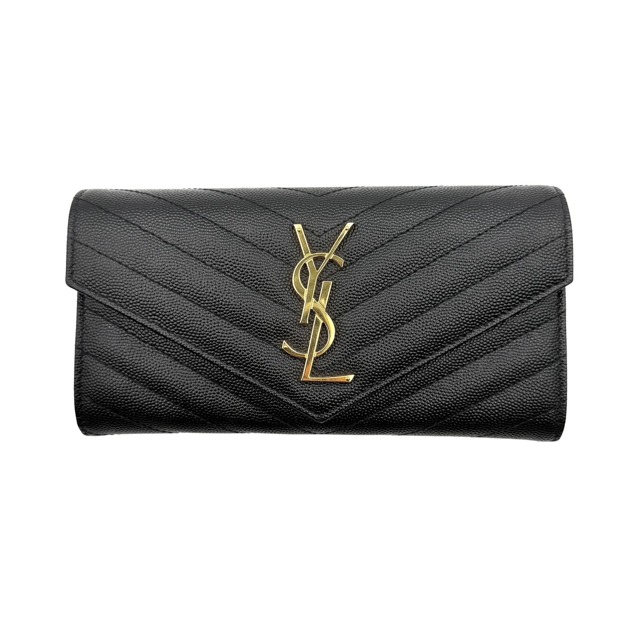 Saint Laurent Cassandre Large Flap Wallet in black grained leather with gold YSL monogram and chevron quilting.