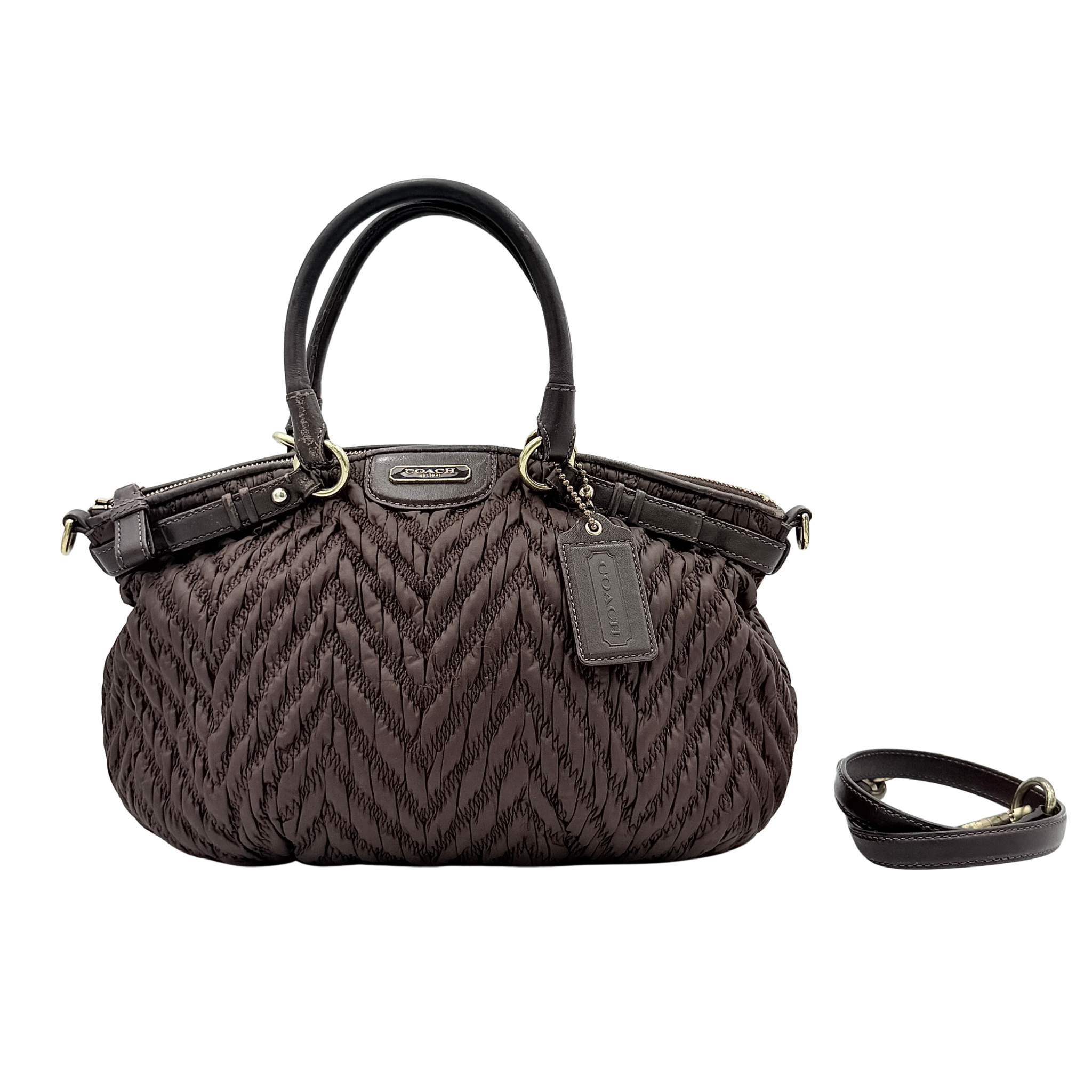 Coach 2Way Madison Chevron Quilted Nylon Shoulder Bag Brown